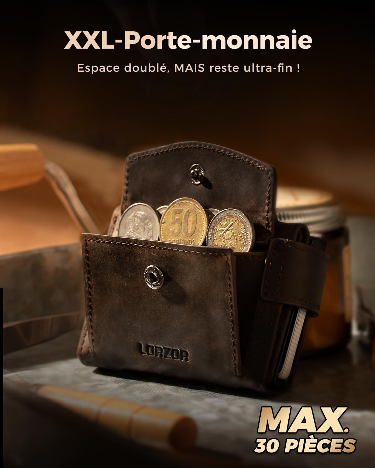 Detalle de LORZOR Portefeuille homme XXL avec porte-monnaie et porte-cartes RFID