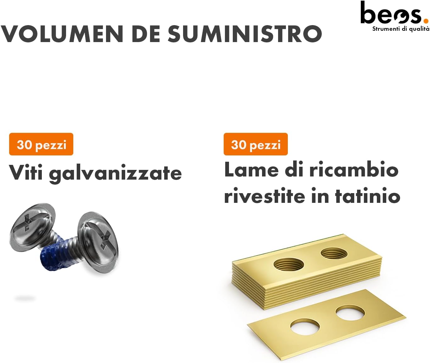 Detalle 2 de Beos 30 x Lame di Ricambio Premium Titan + Viti con Blocco – Lame per Worx, LandXcape, Einhell, Kress