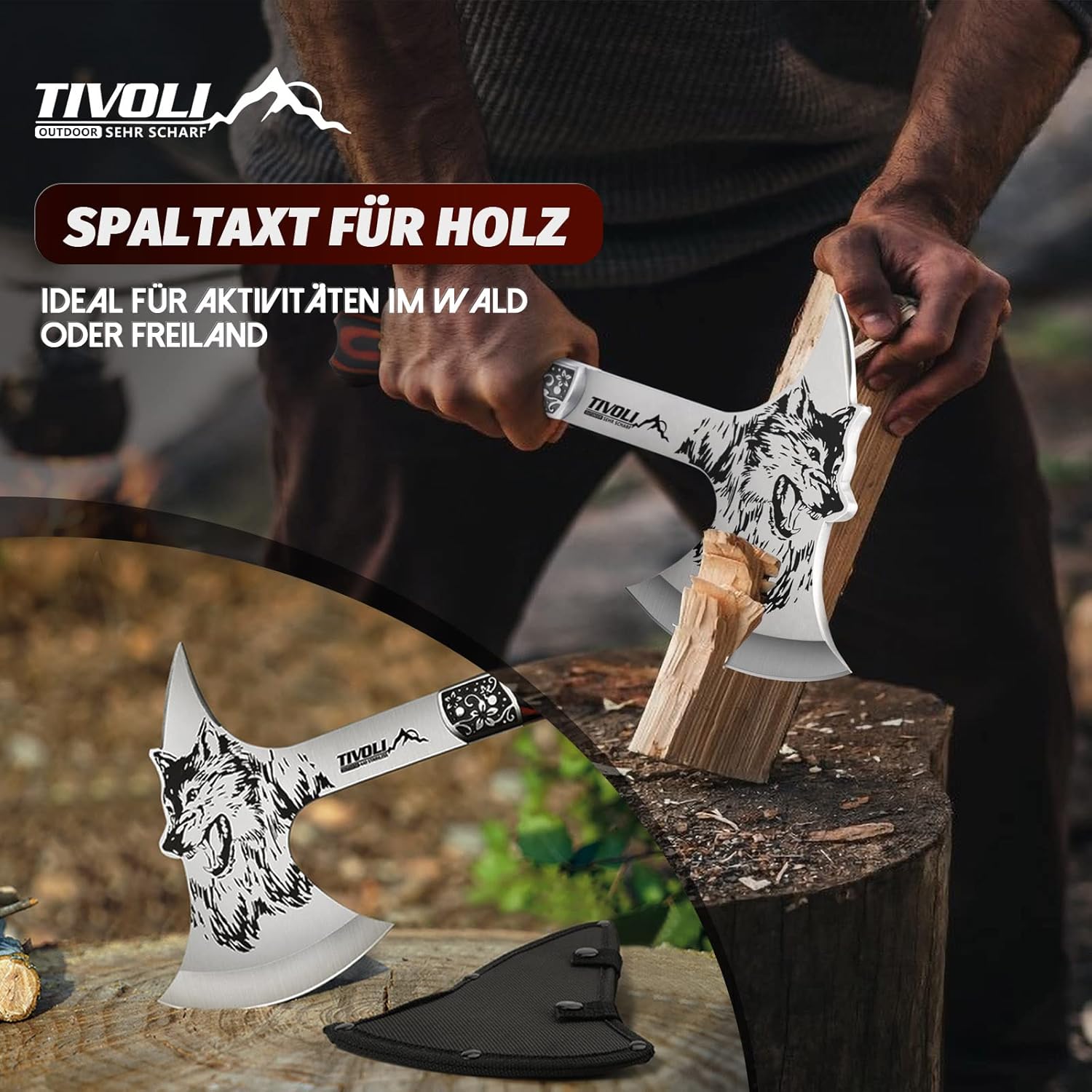 Detalle de Hacha TIVOLI con Motivo de Lobo 28 cm