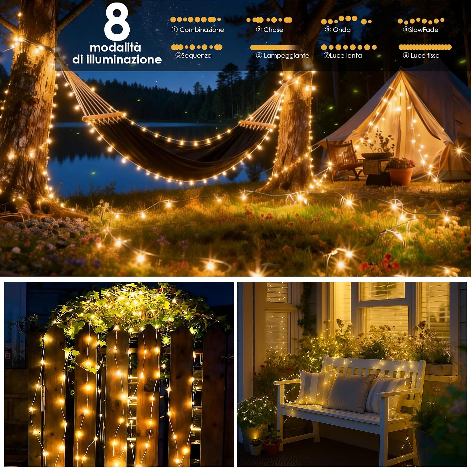 Detalle 2 de Luci Solari Esterne Luci Solari Esterno 3 Pacchi 15+2M 150LED IP65 - Filo di Rame, Bianco Caldo