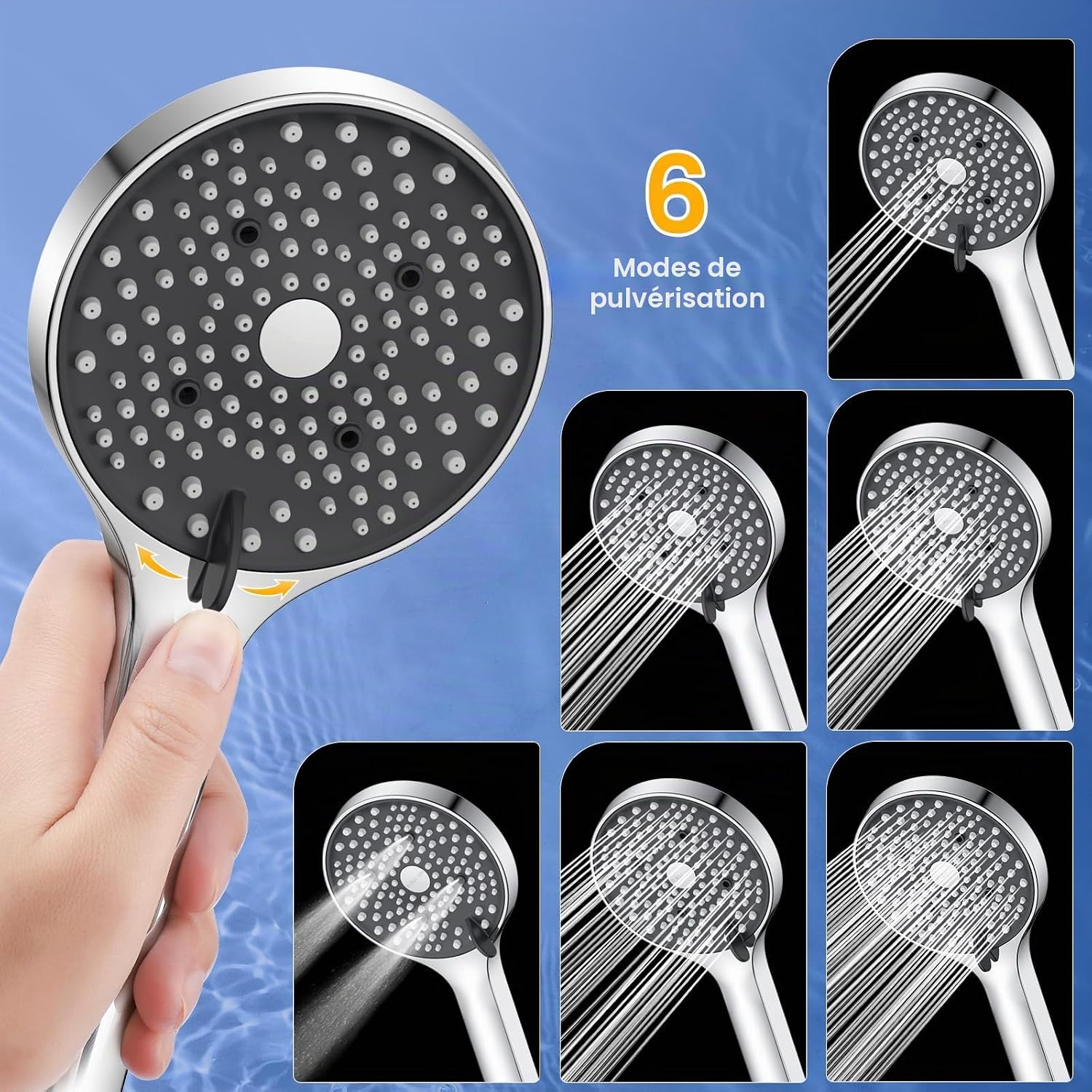 Detalle de YEAUPE Pommeau de douche avec filtre indépendant — 1,6 m, 6 modes, haute pression, anti-calcaire, chrome