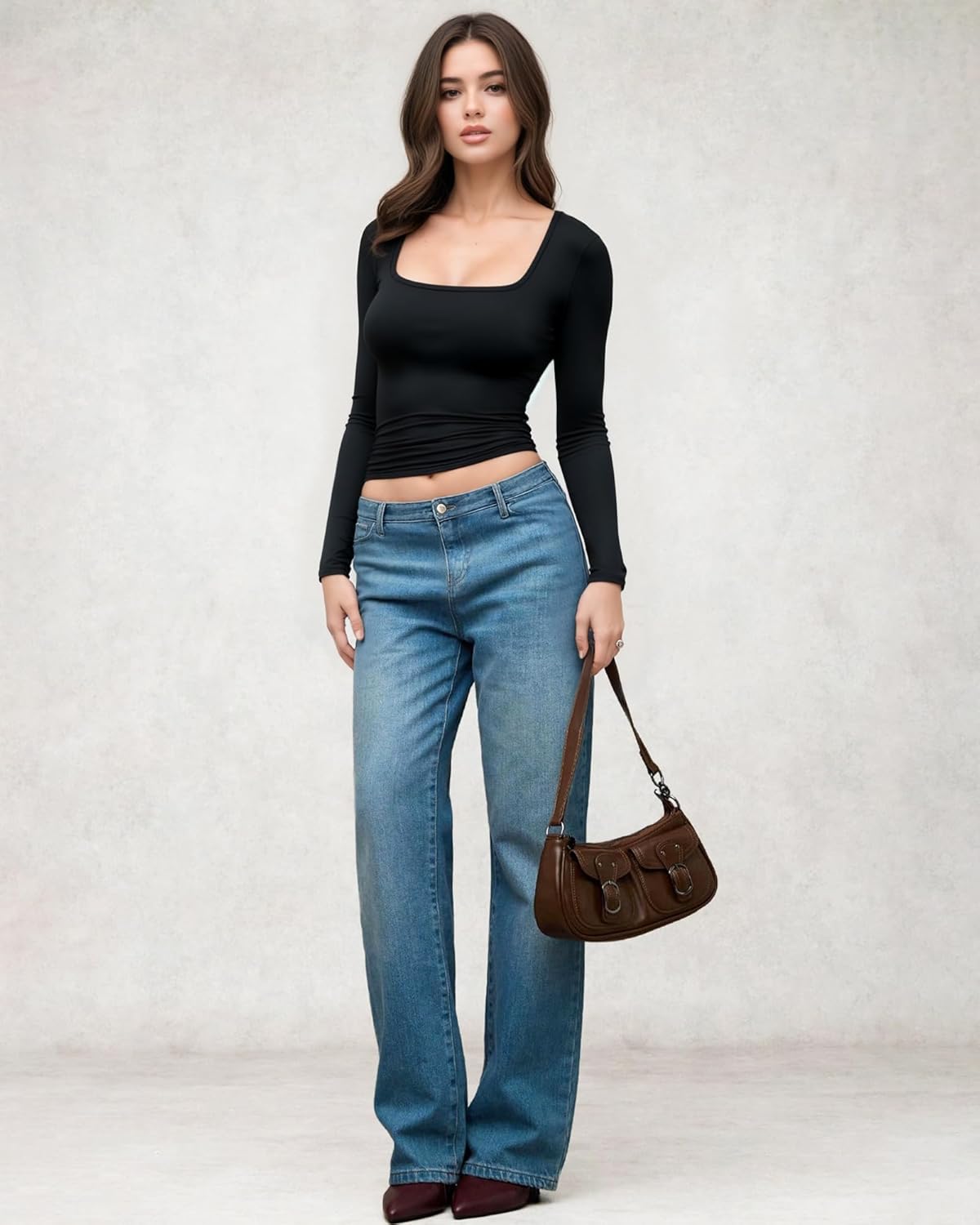Detalle de ALGALAROUND Women's Long Sleeve Square Neck Top – Slim Fit Winter Tee