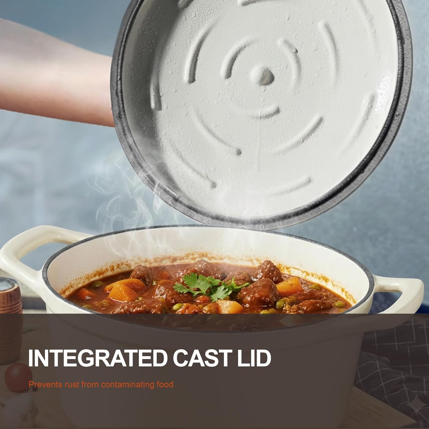 Thumbnail 1 de Overmont Enameled Cast Iron Dutch Oven (5.5QT) with Lid, Cookbook & Cotton Potholders — White