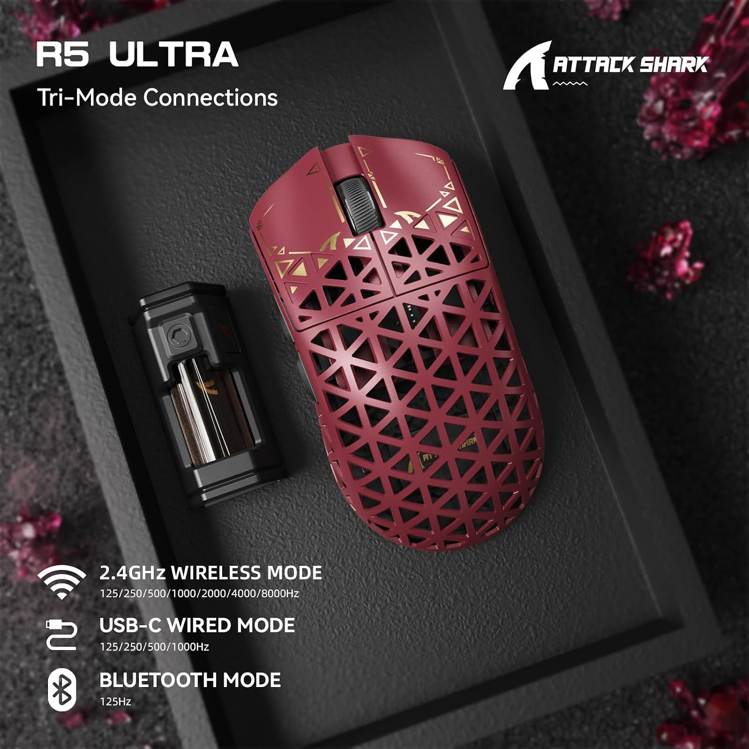 Detalle 2 de ATTACK SHARK R5 Ultra HyperSpeed Wireless Gaming Mouse (Ultra Carbon Fibre, PixArt PAW3950MAX, 8K, 2.4G/BT/USB-C) – Red