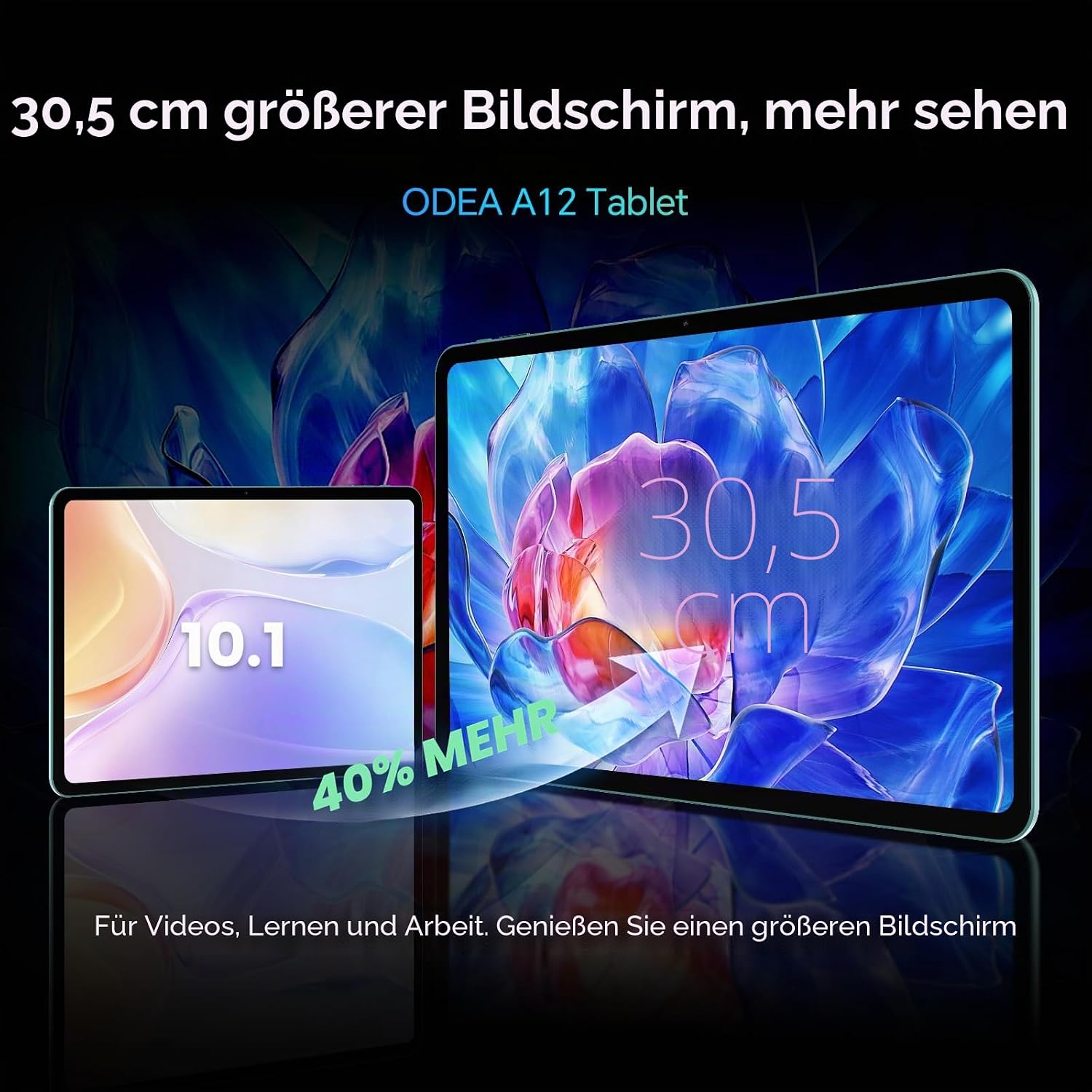 Detalle de ODEA Tablet 12 Zoll 2K Display mit Stift und Hülle – 8000 mAh, 128 GB, erweiterbar bis 2 TB, GPS & Gemini AI