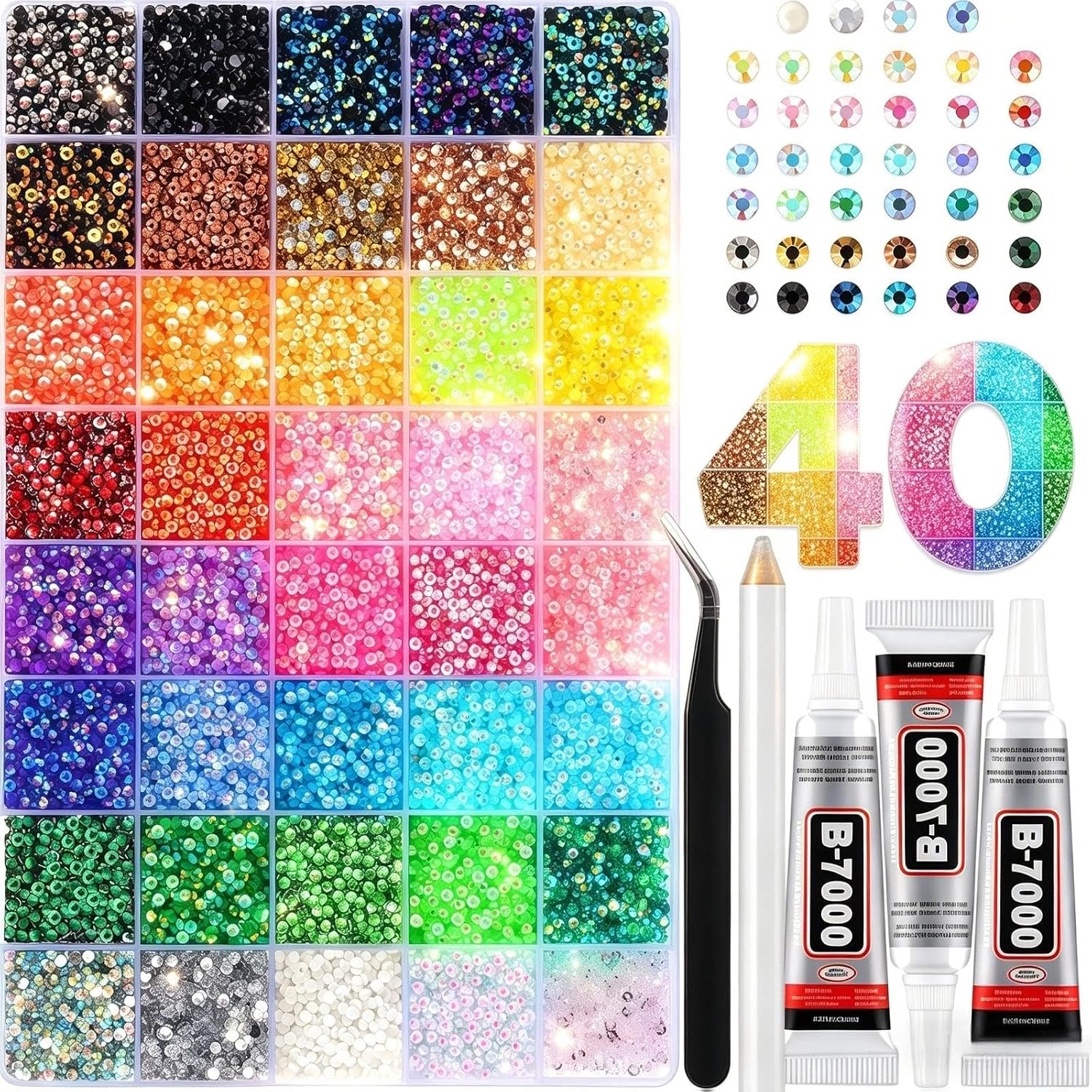 Detalle de WeeMix Nail Art Rhinestones Kit: 40 Colours, 3mm Flat-Back Crystals with Picker & Tweezer (36,000pcs)
