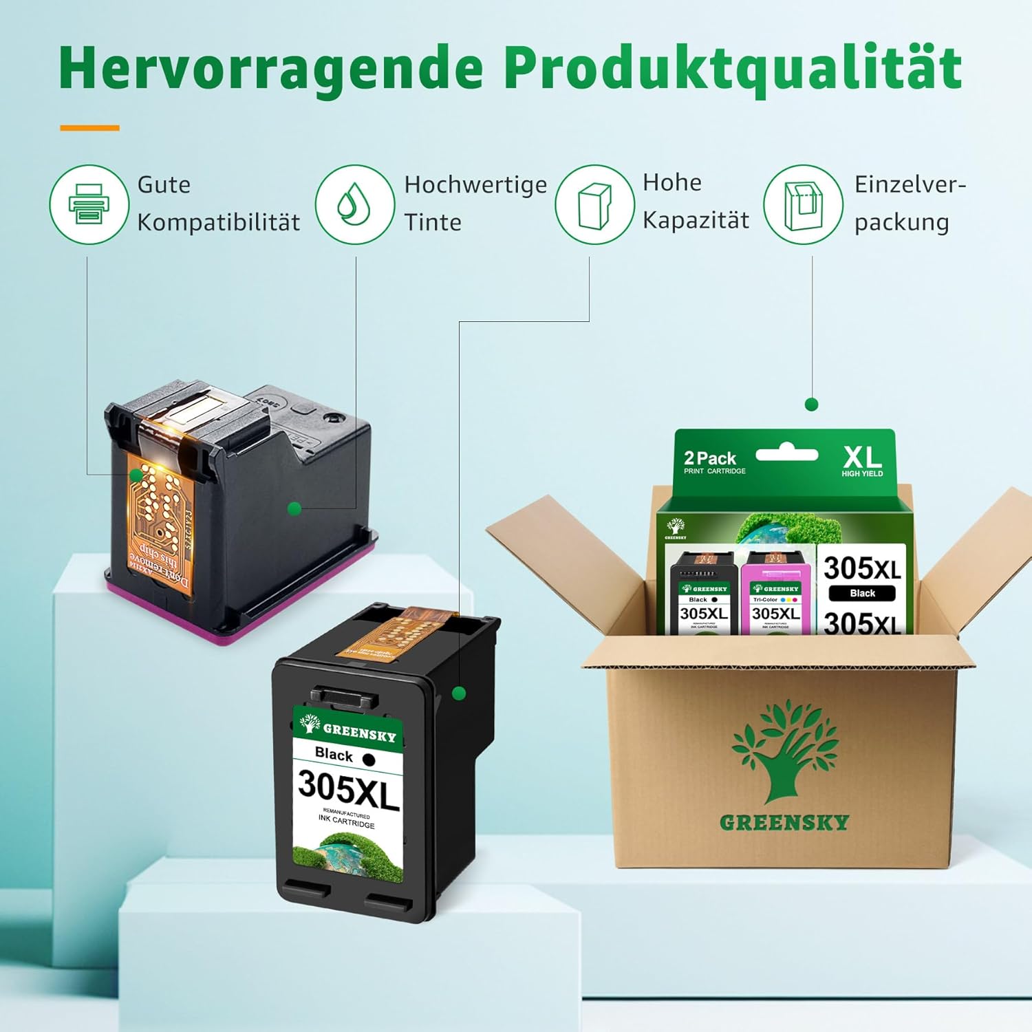 Detalle 2 de GREENSKY 305 / 305XL Ersatz für HP 305XL Druckerpatronen (XL) – Schwarz & Farbe Multipack