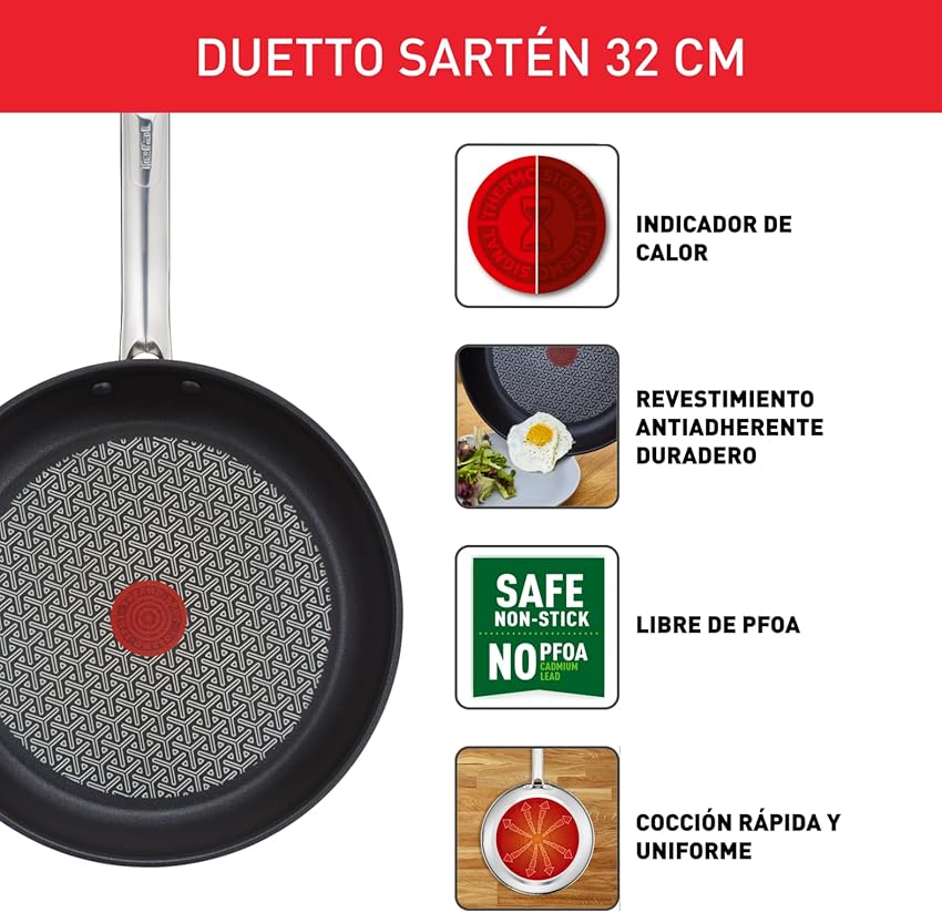 Detalle 2 de Tefal Duetto Sartén 32cm 🥘 Inducción, Titanio, Sin PFOA