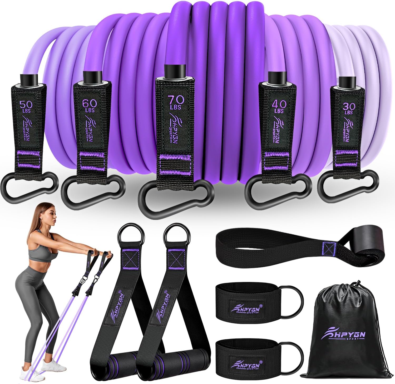 Detalle de HPYGN Resistance Bands Set with Handles, Door Anchor & Ankle Straps (5 Levels, up to 250 LBS)