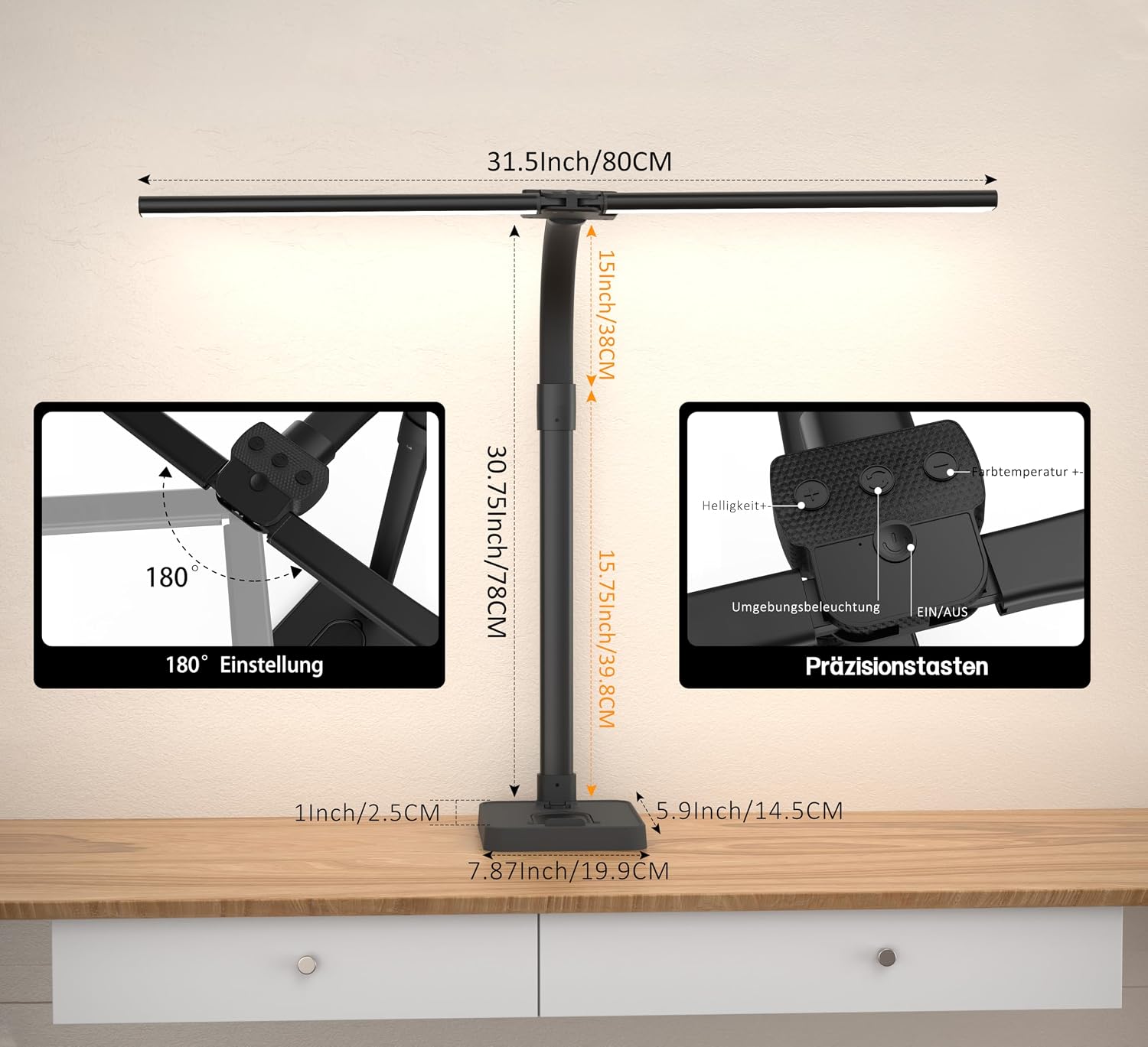 Detalle 2 de LOTTBUTY Doppelkopf LED Schreibtischlampe 80cm