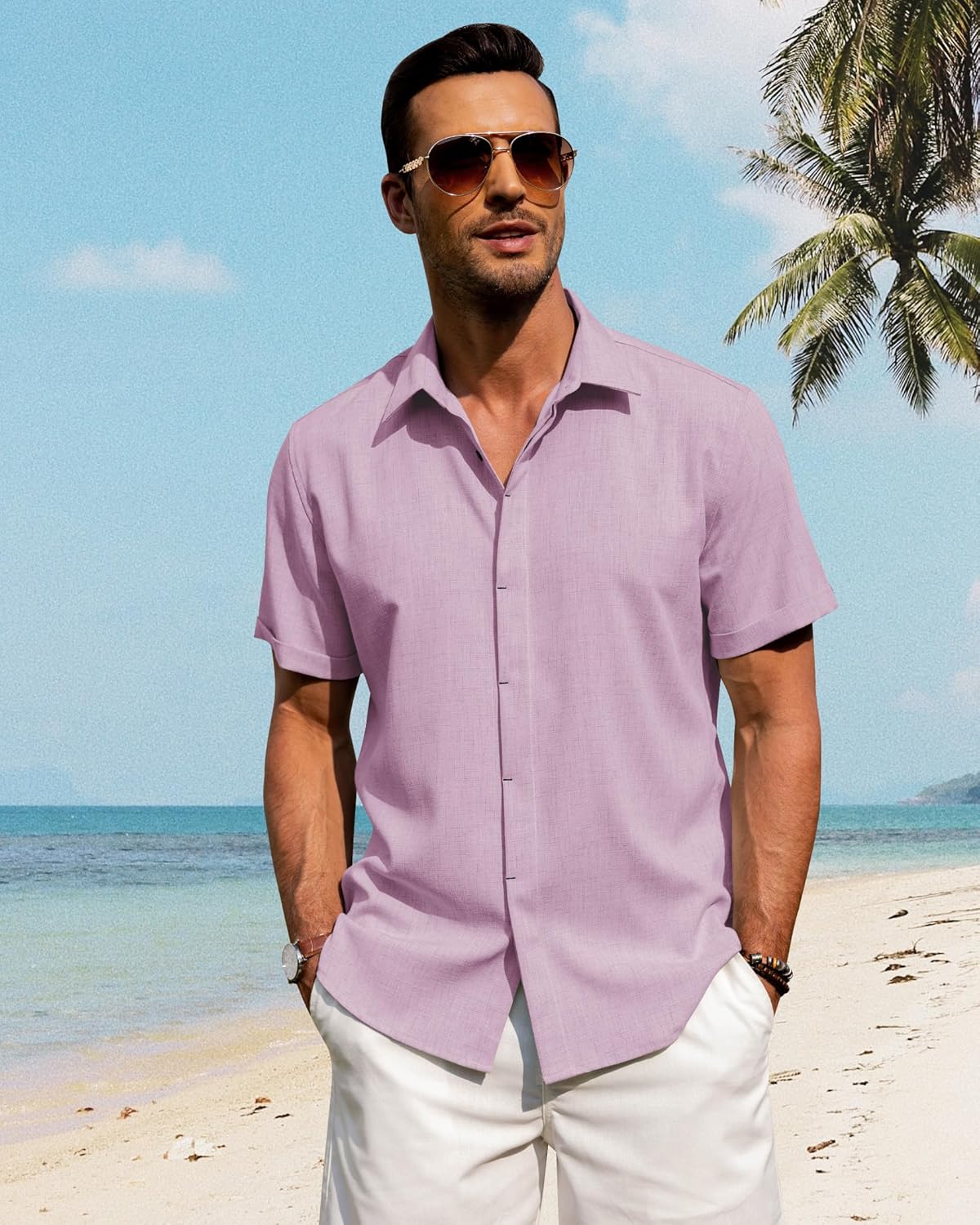 Detalle de J.VER Men’s Linen Blend Casual Short-Sleeve Button-Down Shirt for Summer & Beach