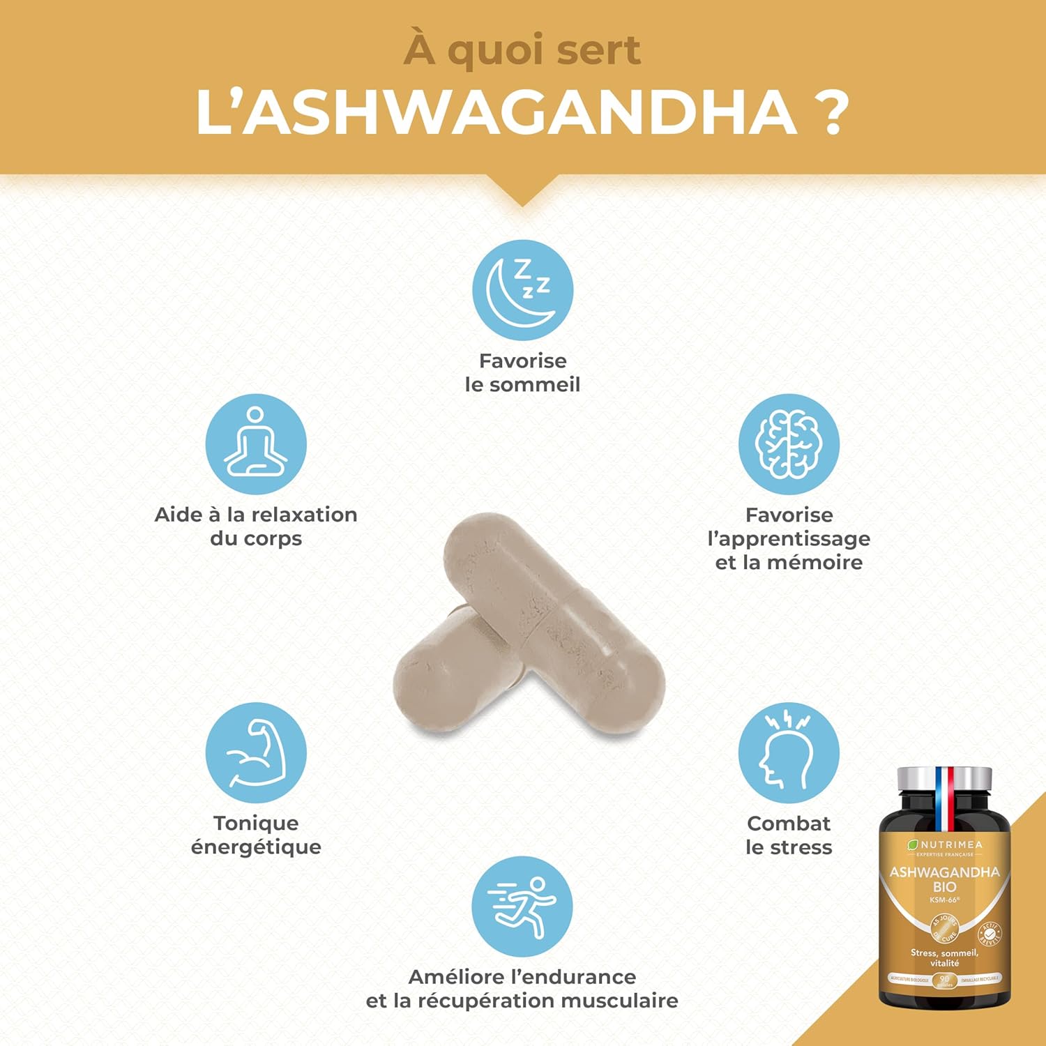 Thumbnail 1 de Ashwagandha KSM-66® Actif BIO 7200 mg (extrait 12:1 titré à 5% en withanolides) – 90 gélules vegan, Nutrimea
