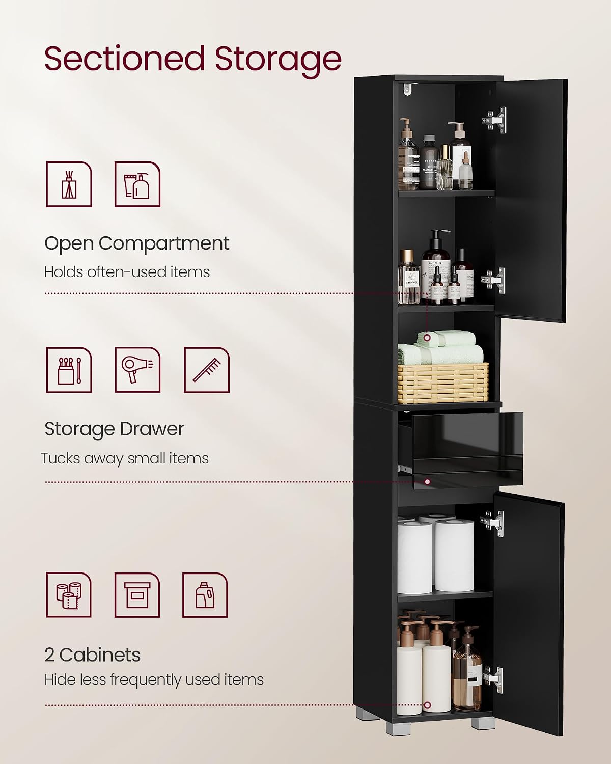 Detalle de VASAGLE Kailyn BBC560B01 Bathroom Cabinet, Ink Black, Adjustable Shelves