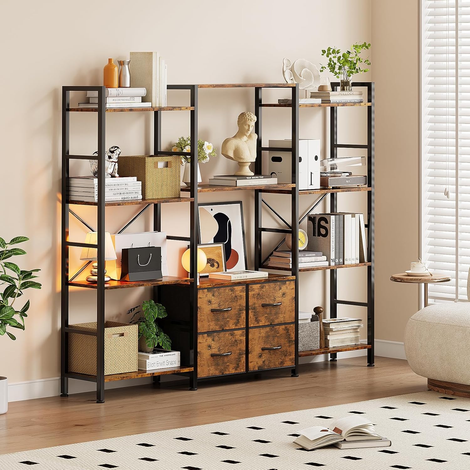 Thumbnail 6 de VERMESS Triple Bookshelf, 4-Tier 69-Inch Wide Shelf with Adjustable Drawers