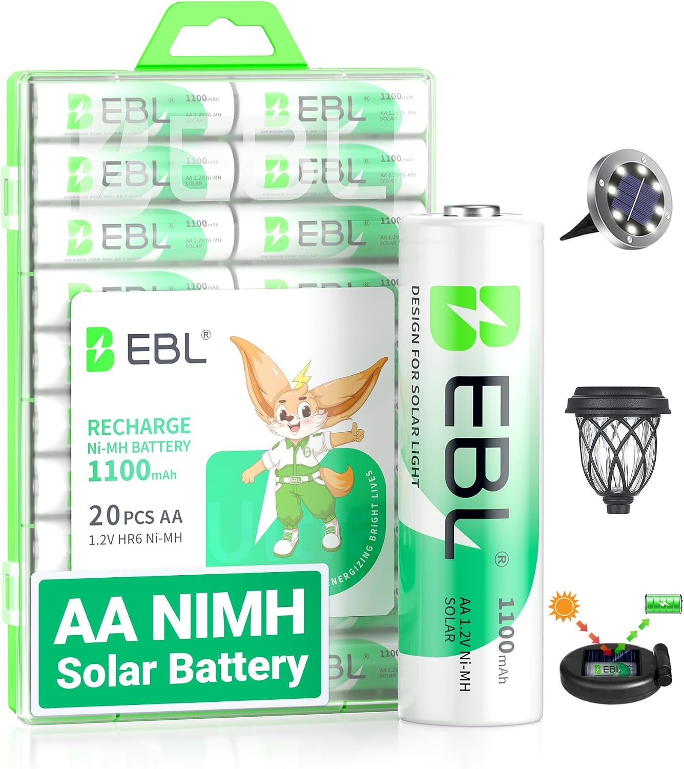 Detalle de EBL AA Rechargeable Solar Batteries 1100 mAh
