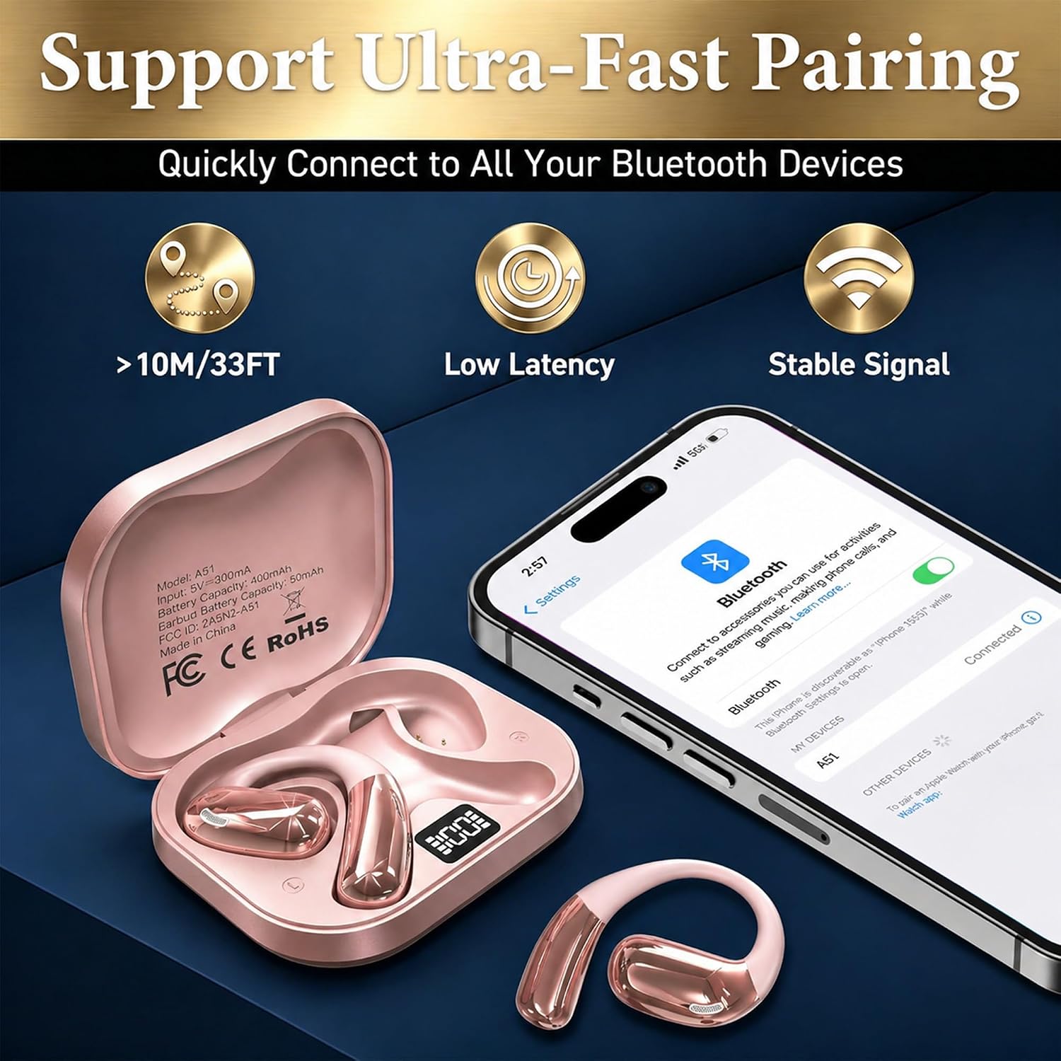 Detalle 2 de Tuemvia FWC-LYEJ-R Open-Ear Headphones, Rose Gold, 35-Hour Playtime