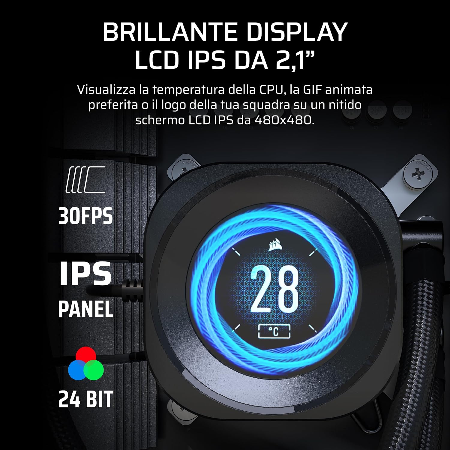 Detalle de Corsair NAUTILUS 360 RS LCD: dissipatore a liquido AIO da 360 mm con schermo LCD IPS da 2,1