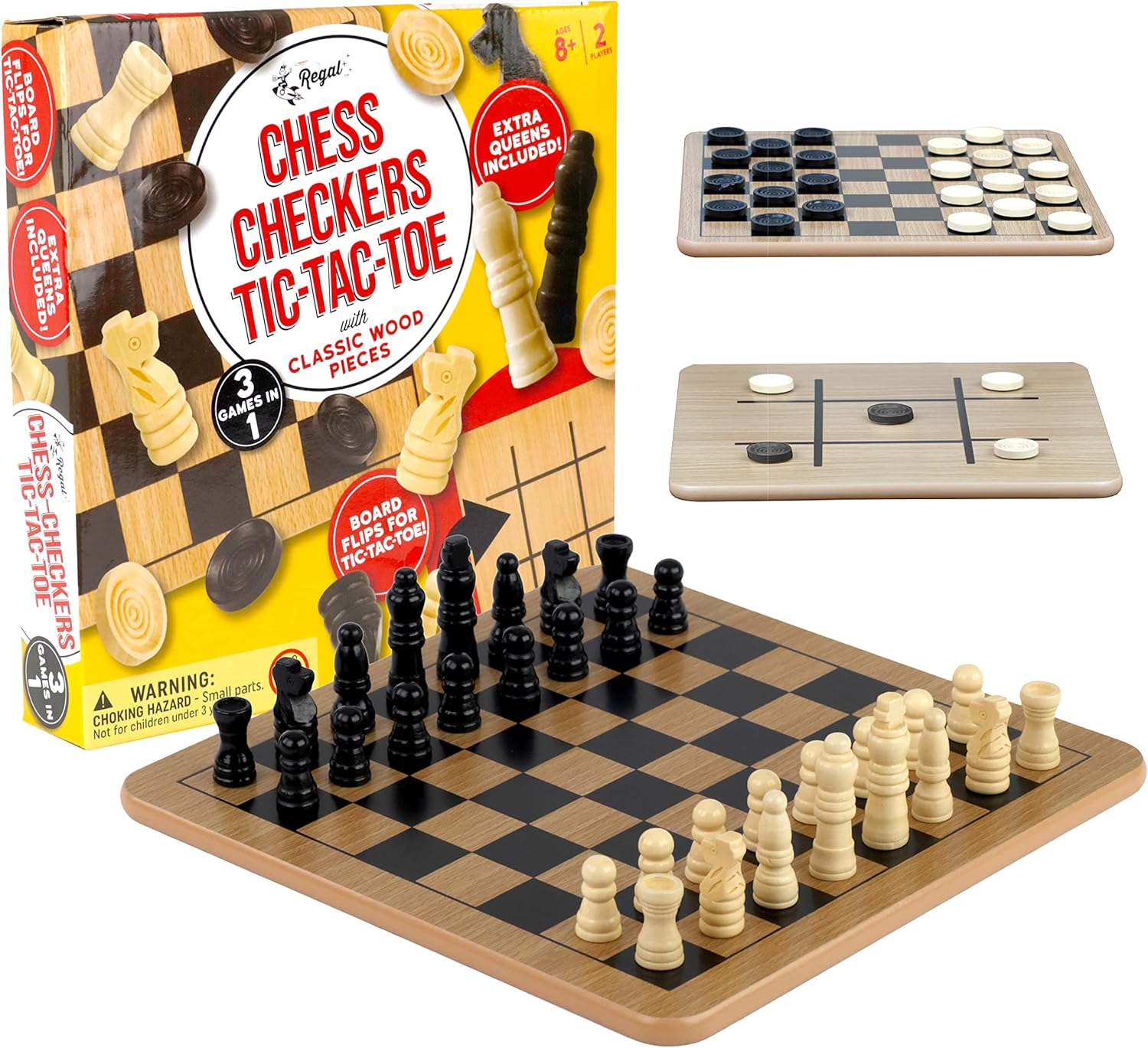 Thumbnail 6 de Regal Games Reversible Wooden Board for Chess, Checkers & Tic-Tac-Toe (24 Interlocking Checkers + 32 Chess Pieces)