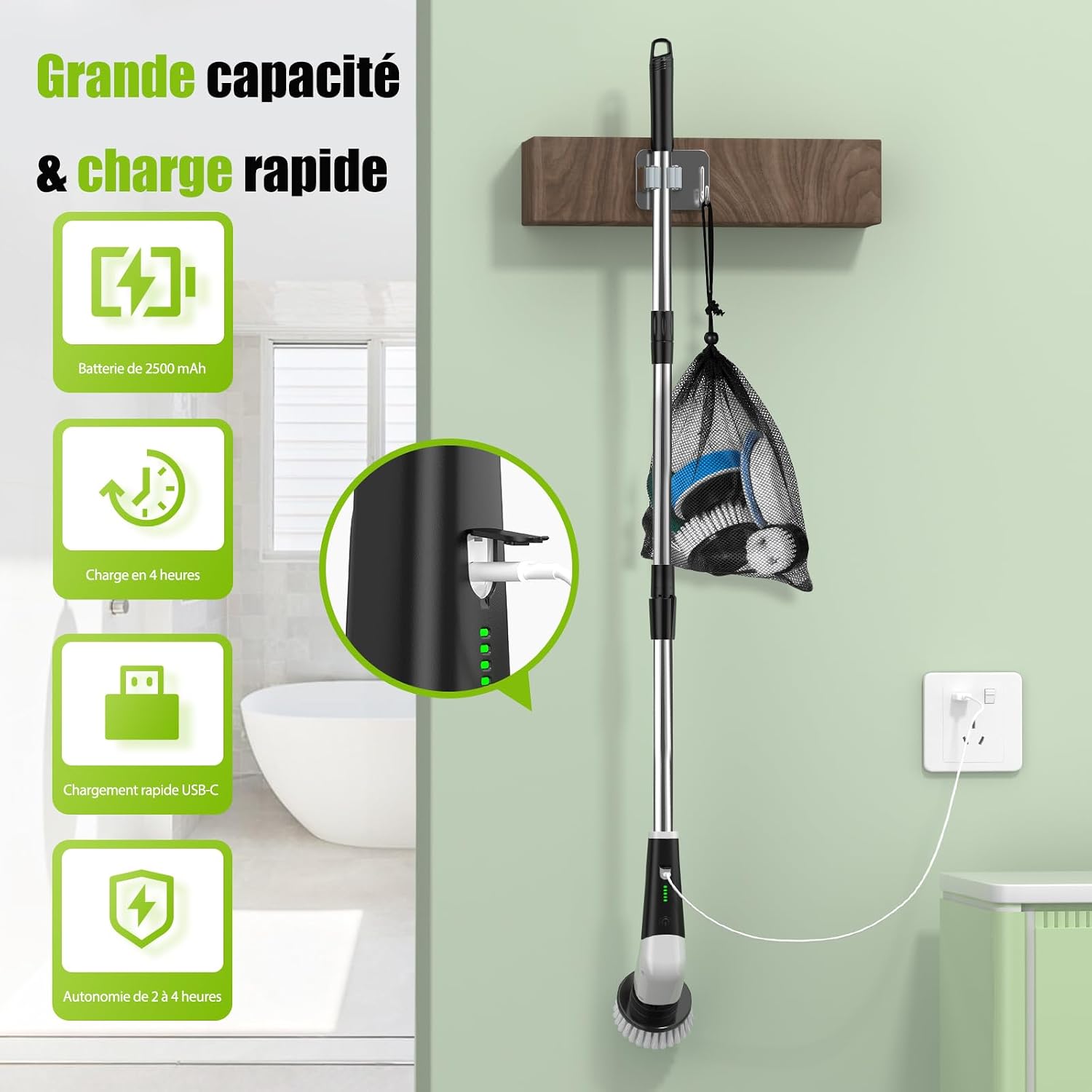 Detalle 2 de Brosse Électrique Nettoyage Rotative YKYI — 8 têtes, IPX7, sans fil, manche extensible