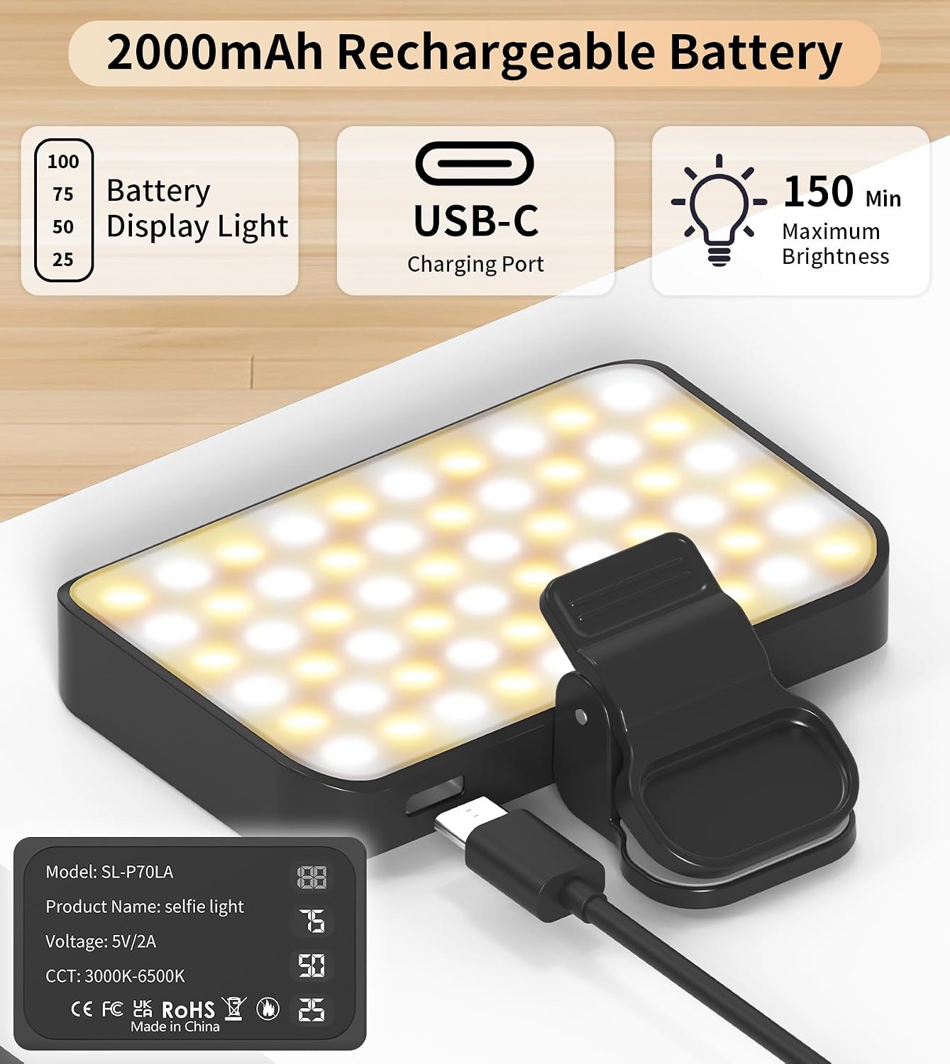 Detalle de TONEOF Portable Phone Light (2000mAh) – USB-C rechargeable LED with 360° clip and 3 modes