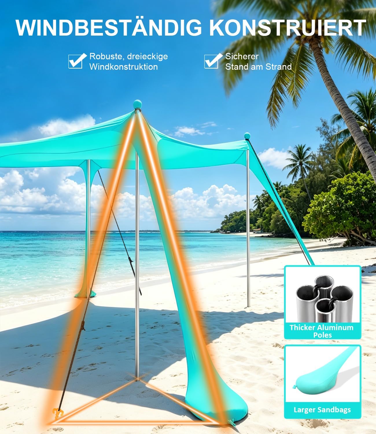 Detalle de MAXVINI UPF50+ Strandzelt 3m x 3m – UV-Schutz, stabile Dreieckskonstruktion & Sandsäcke