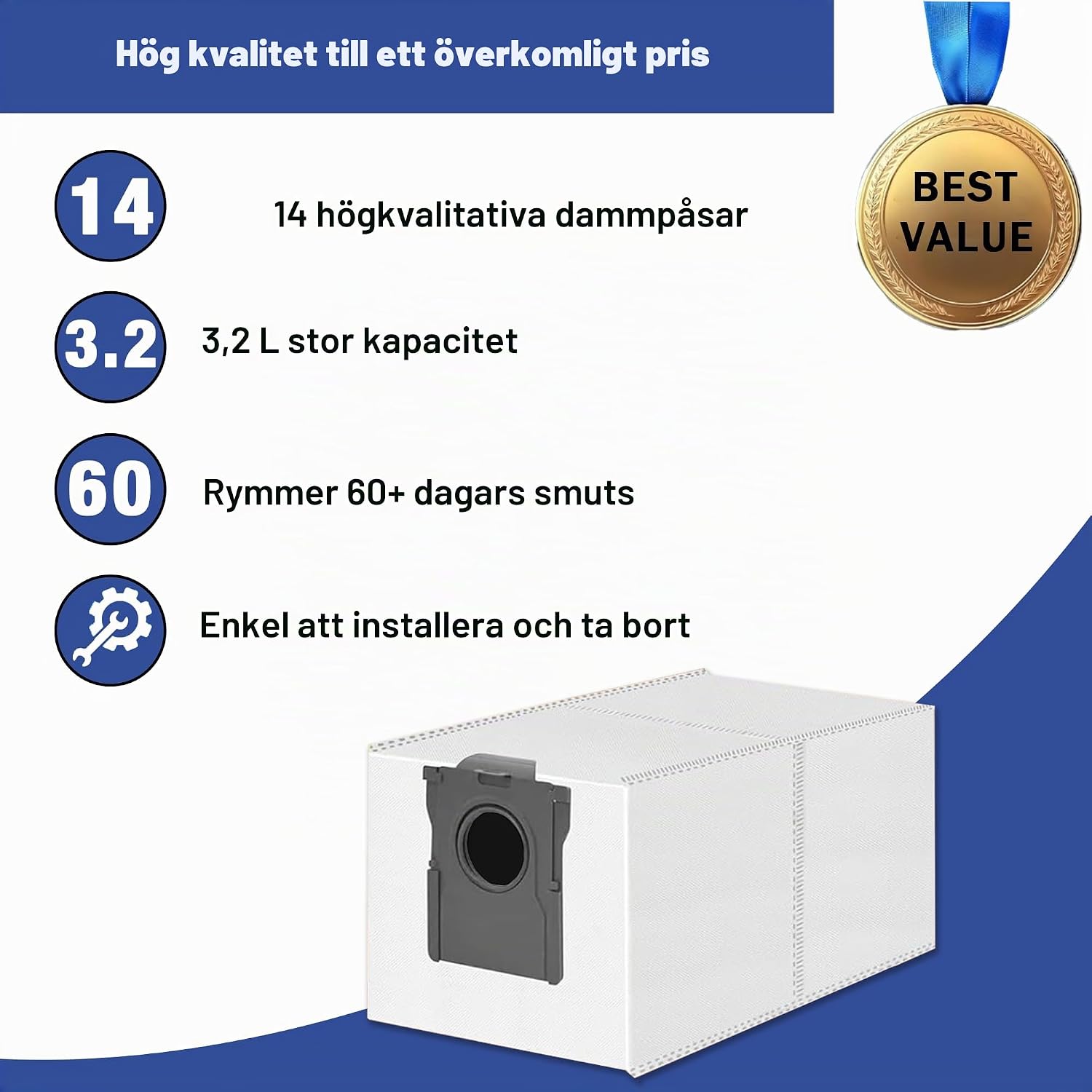 Detalle 2 de Pymin dammsugarpåsar för Dreame X30/X40/X50 Ultra, 14-pack