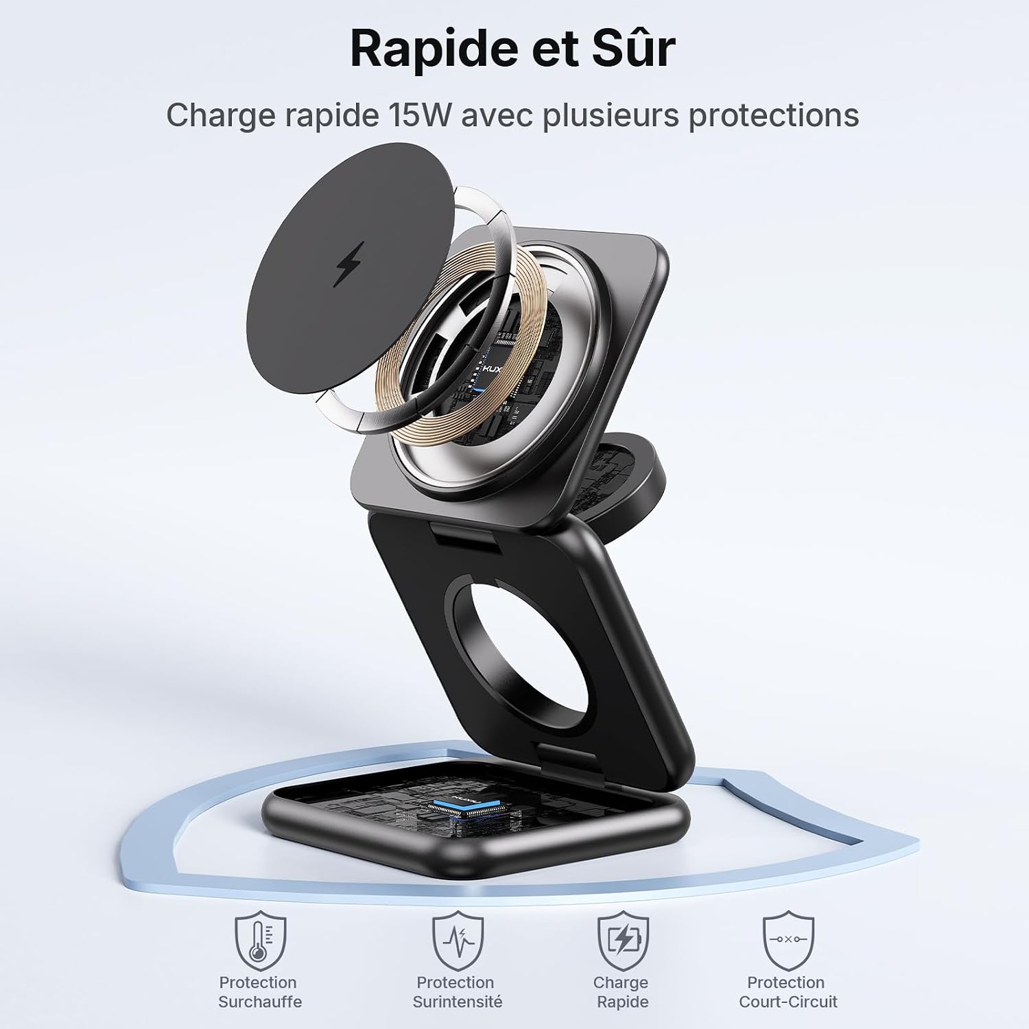 Detalle de Chargeur Induction 3 en 1 Alilong – Aimanté, Alliance Zinc et Voyage Noir