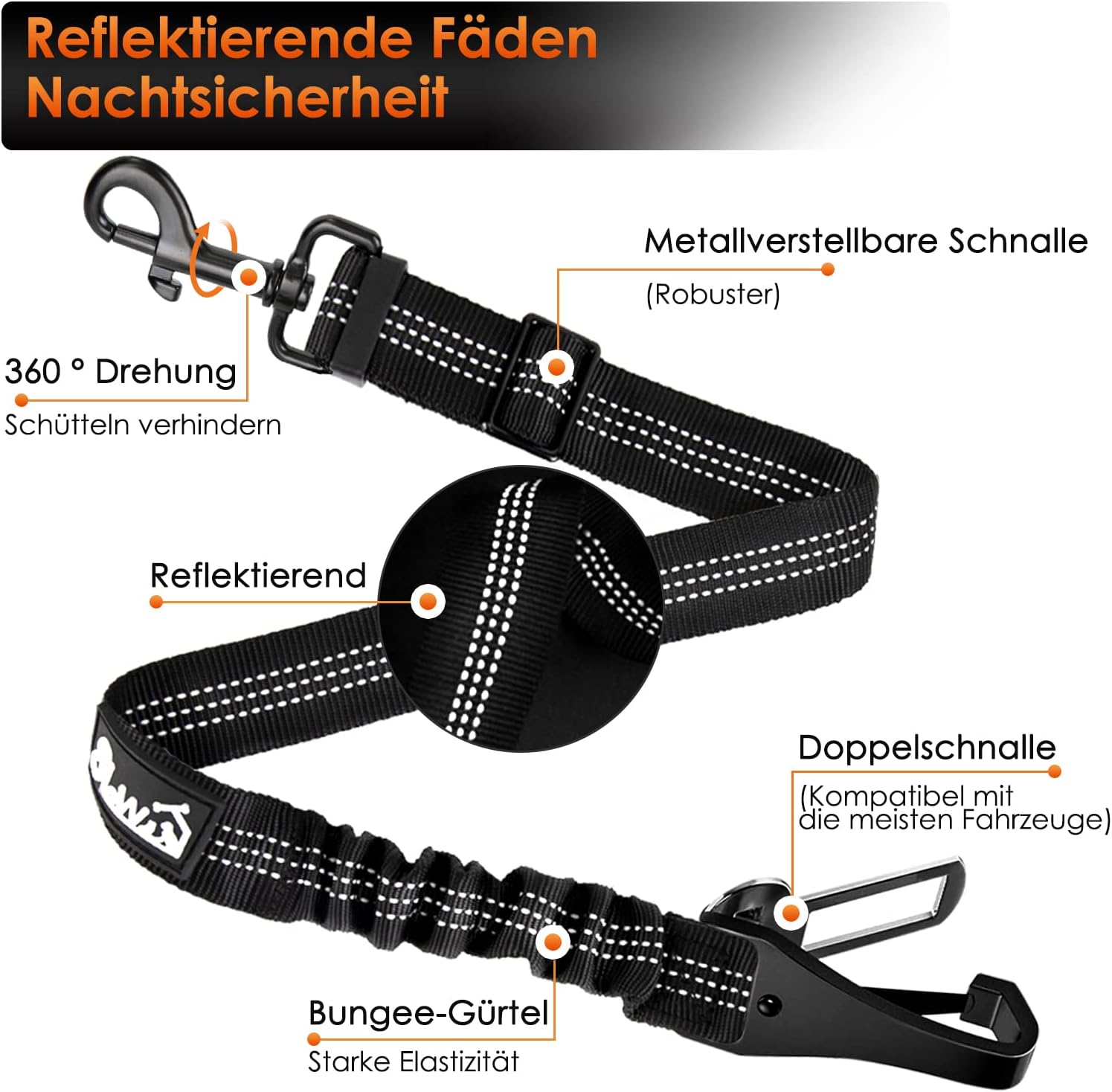 Detalle 2 de Eyein Hunde-Sicherheitsgurt für Auto (3-in-1), verstellbar mit elastischer Ruckdämpfung, reflektierend, 70 cm – Schwarz