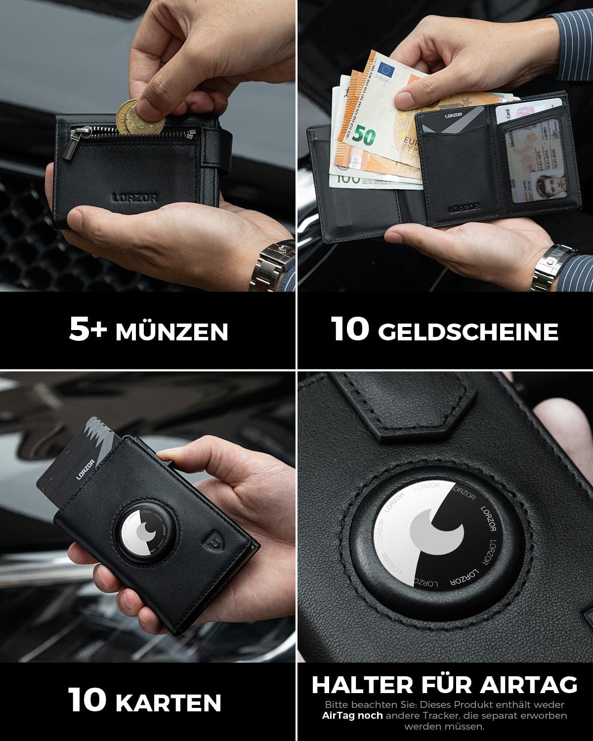 Thumbnail 4 de LORZOR Design für AirTag Wallet – schlanke Herren-Slim-Wallet aus Leder mit Münzfach, RFID-Blocker & Platz für 10 Karten (schwarz)