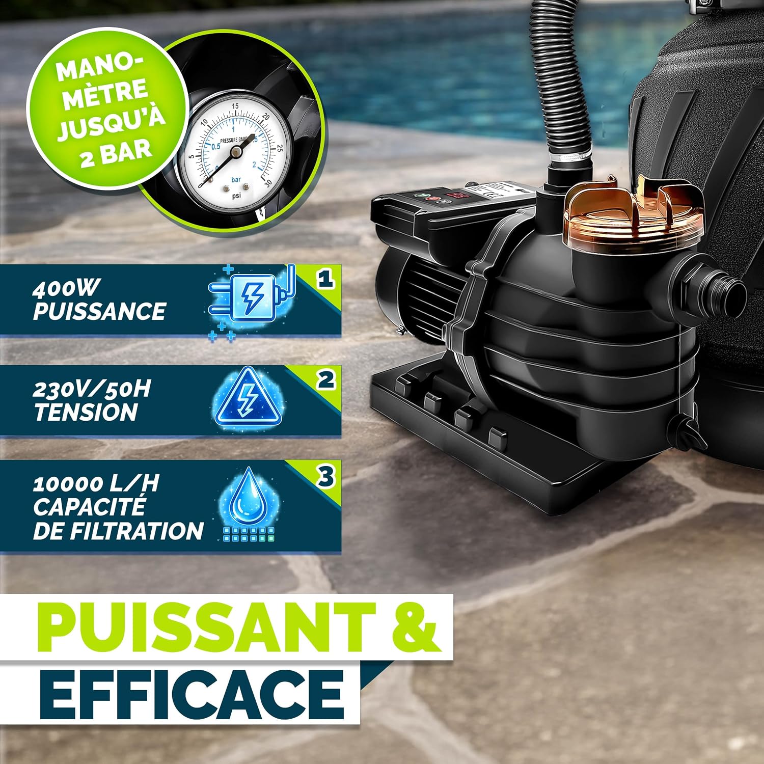 Detalle de Système de filtration à sable tillvex AquaBlack Pro 10m³/h avec vanne 7 voies, indicateur de pression et minuterie