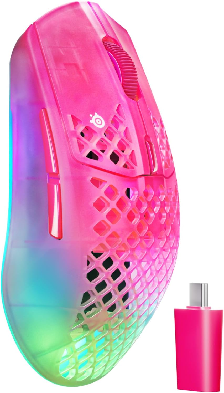 Detalle de SteelSeries Aerox 3 Gen 2 Wireless gamingmuis, 68 g, 4K-polling, 26.000 DPI, Magenta Haze