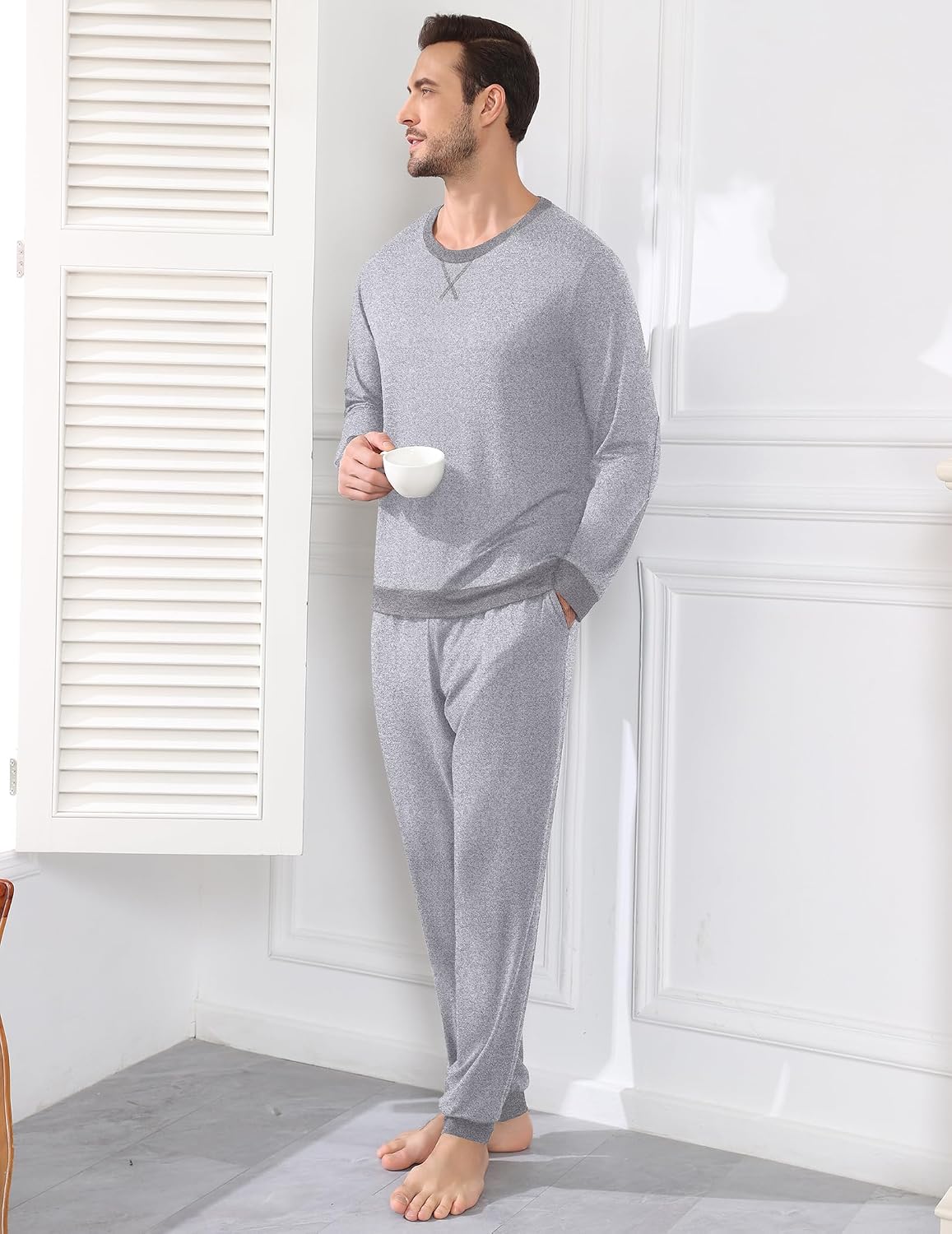 Detalle de EKOUAER Pyjama Homme d’Hiver à Manches Longues et Treillis à Cordon Coulissant avec Poches – Trousers à Poches, S-XXL