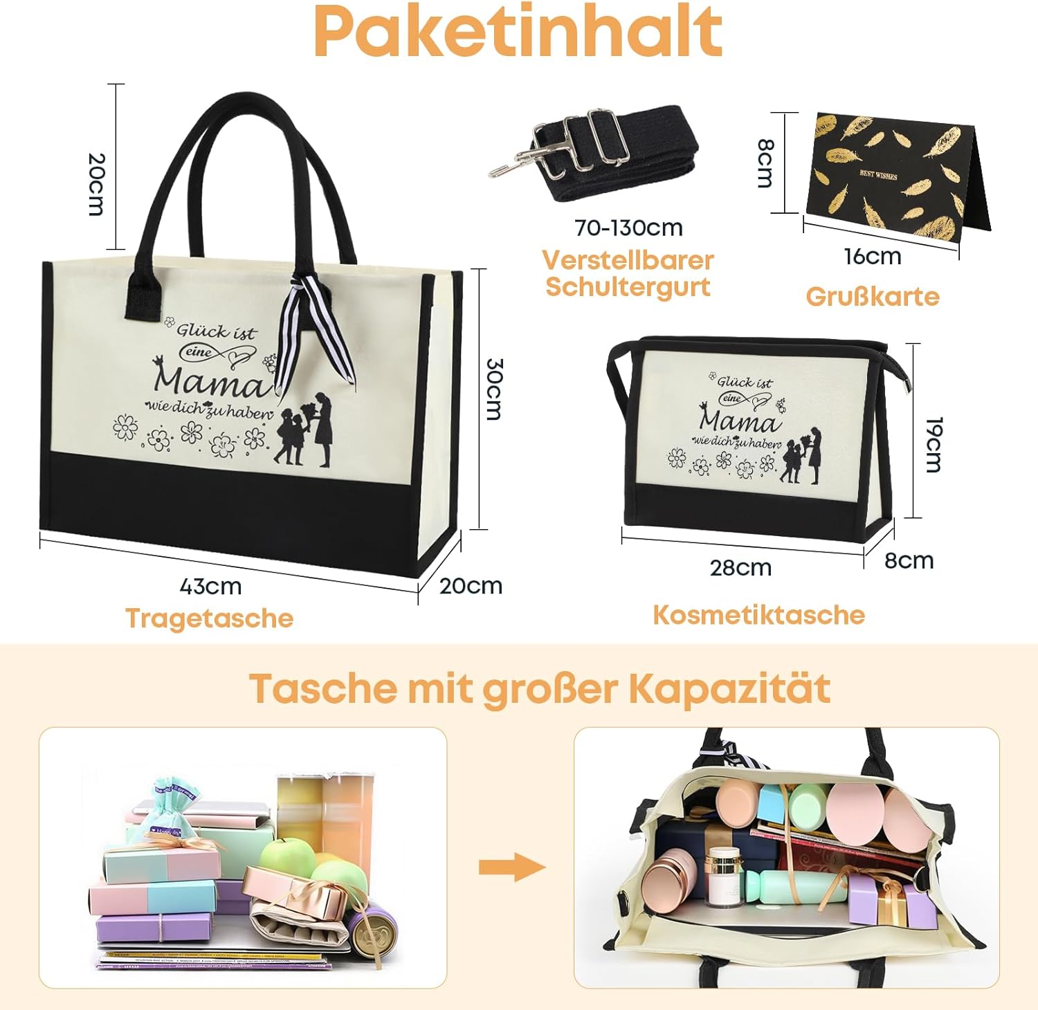 Detalle de Seutgjie Set „Geschenke für Mama“ mit Canvas-Tasche, Kosmetiktasche, Glückwunschkarte und Reh-Anhänger