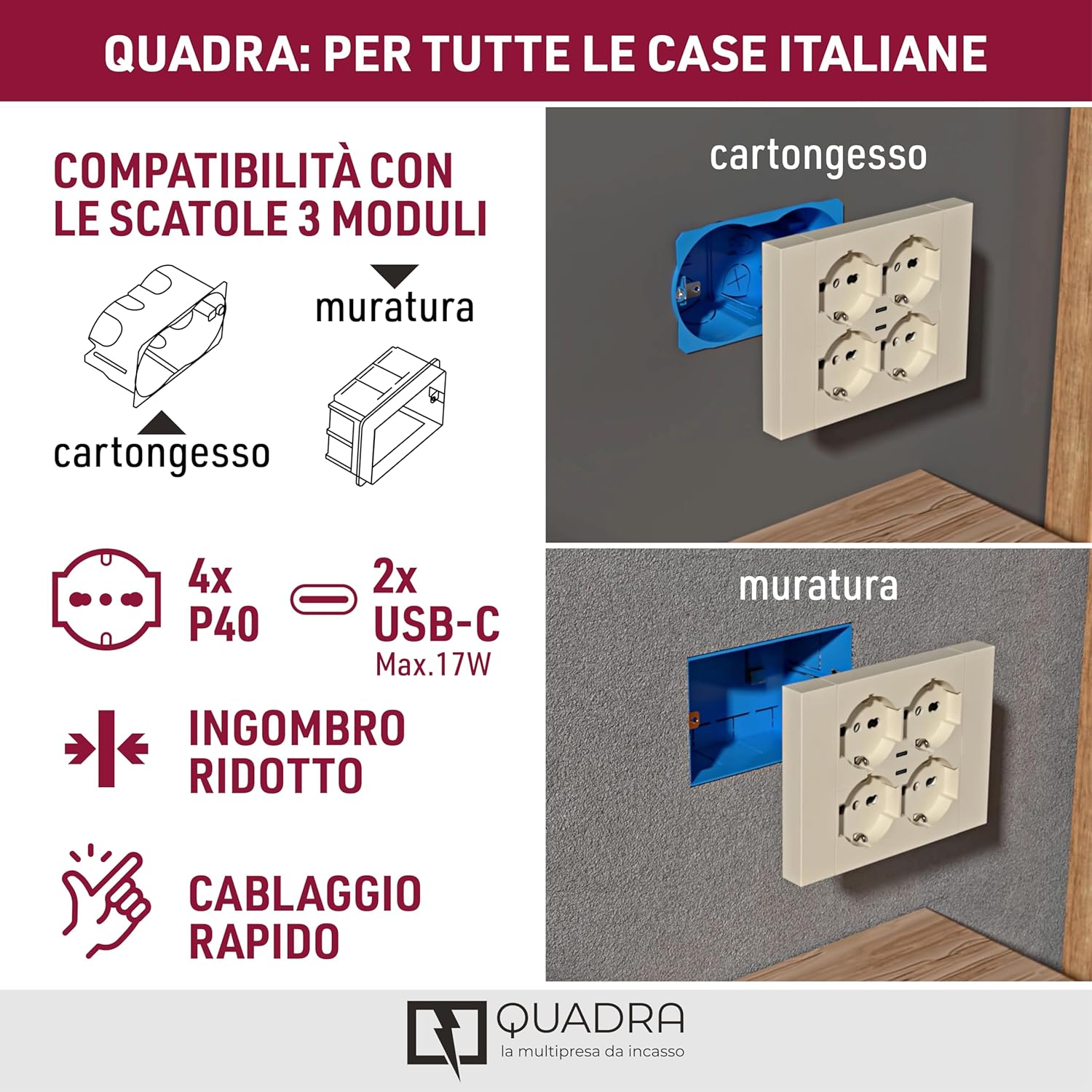Thumbnail 1 de Electraline 22117 Multipresa da incasso Quadra 4 Posti Universali P40 + 2 USB-C