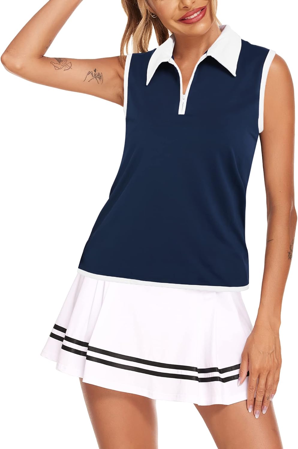 Detalle de COOrun Women's Sleeveless Golf Polo with Zip Front and Stand-Up Collar