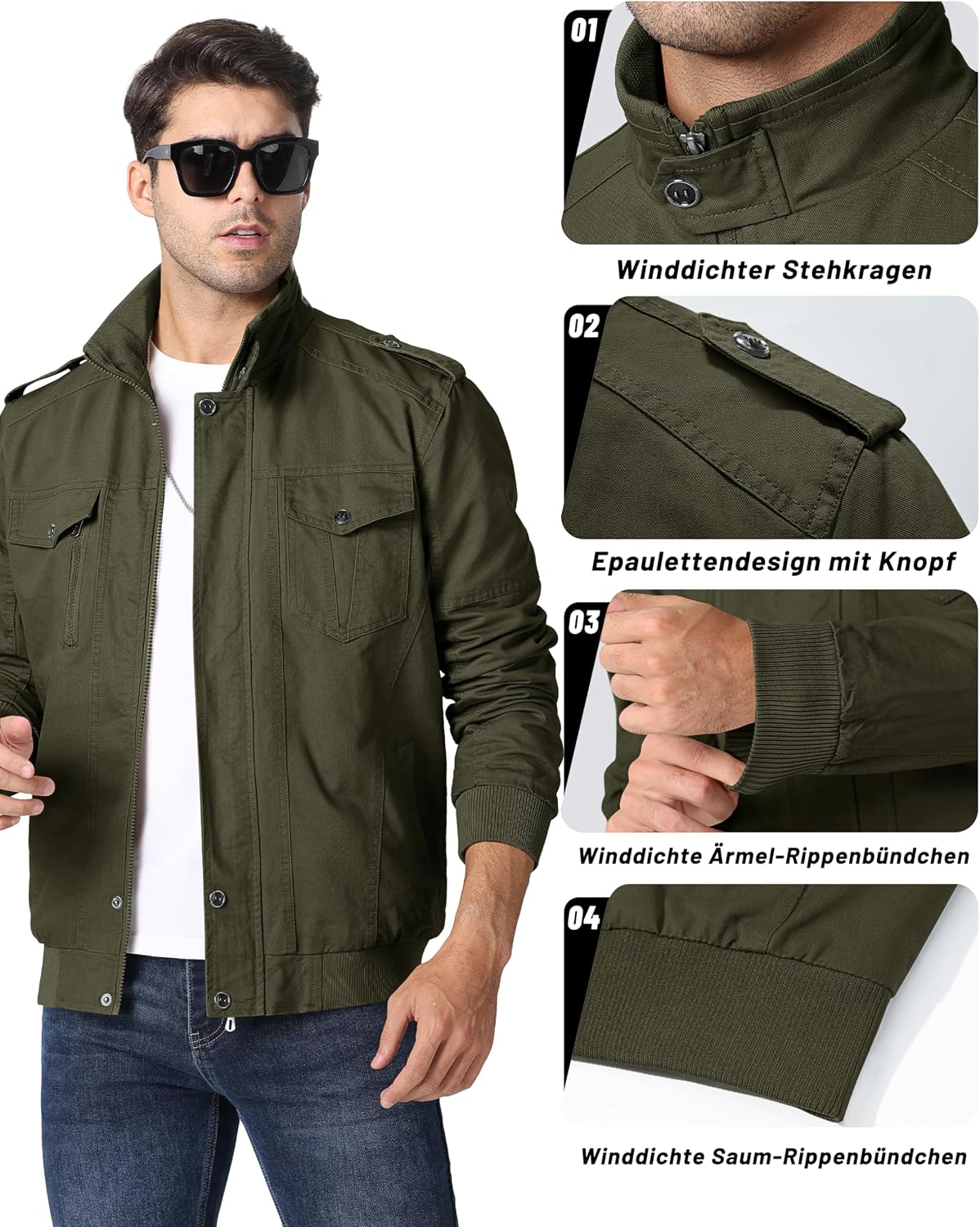 Detalle 2 de MAGCOMSEN Übergangsjacke Herren aus Baumwolle mit Stehkragen und Multi-Taschen