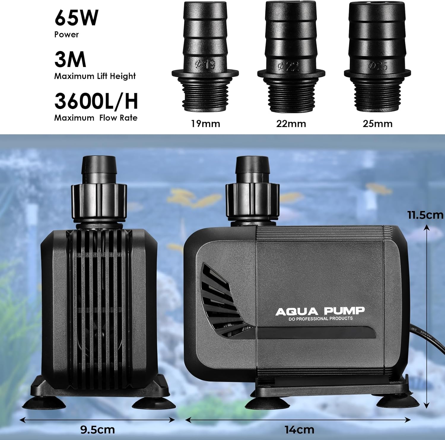 Thumbnail 1 de Pompe Eau Submersible 65W avec 6 buses et 3 réglages de diamètre (19/22/25 mm) — Quiet et polyvalente