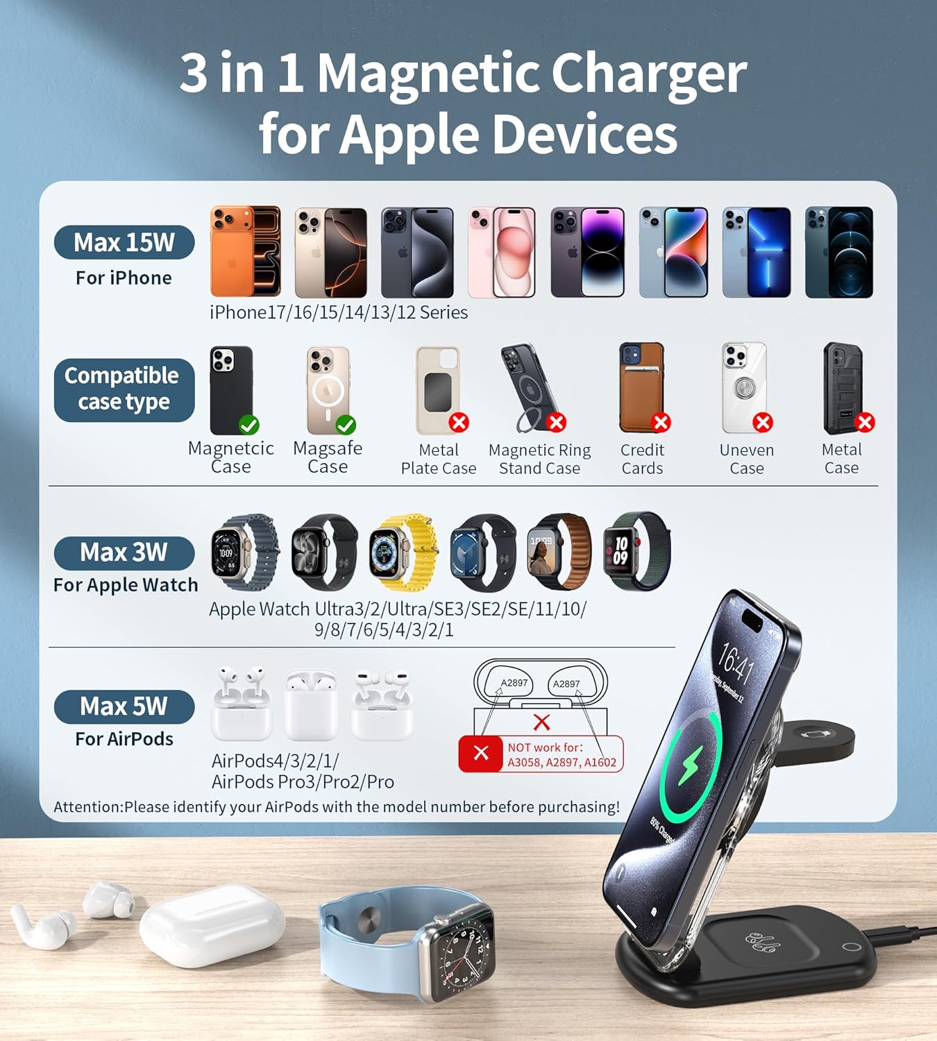 Thumbnail 1 de Apple MagSafe 3-in-1 Wireless Charger Stand for iPhone