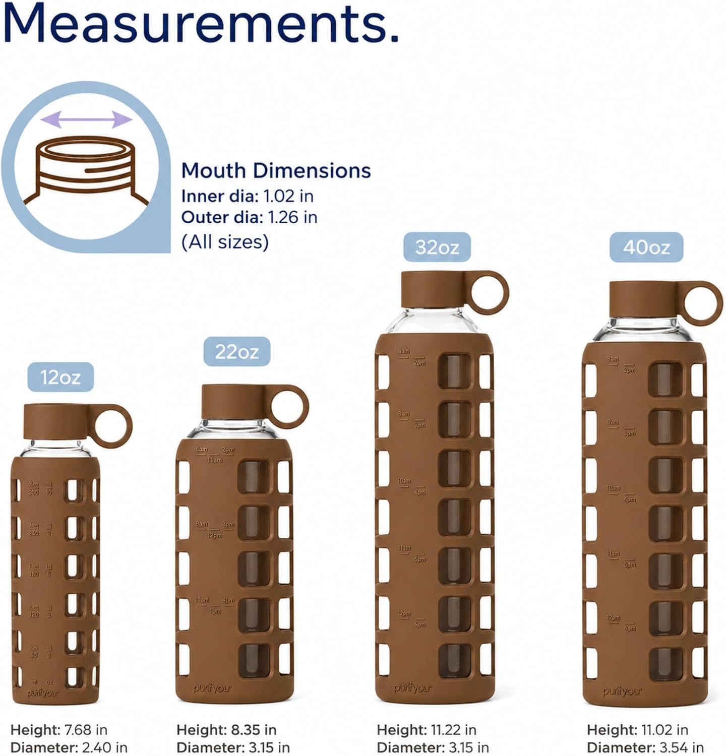 Detalle 2 de purifyou PGWB-32EB 32 oz Glass Water Bottle with Time Markers and Silicone Sleeve