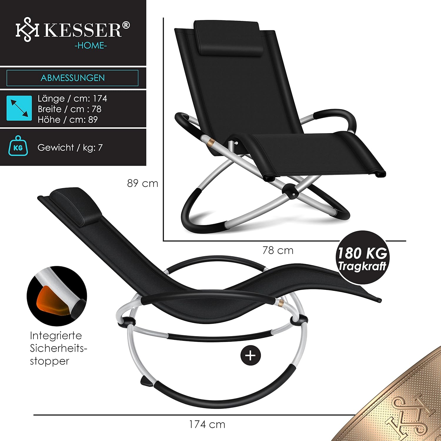 Thumbnail 1 de KESSER® Relaxliege Liegestuhl – ergonomische, klappbare Gartenliege mit wetterfestem Design (bis 180 kg) in Schwarz