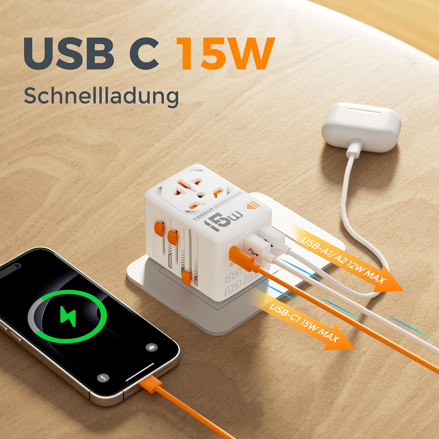 Thumbnail 2 de TESSAN Reiseadapter Weltweit: Universal Travel Adapter mit 1 USB-C, 2 USB-A und AC-Steckdose