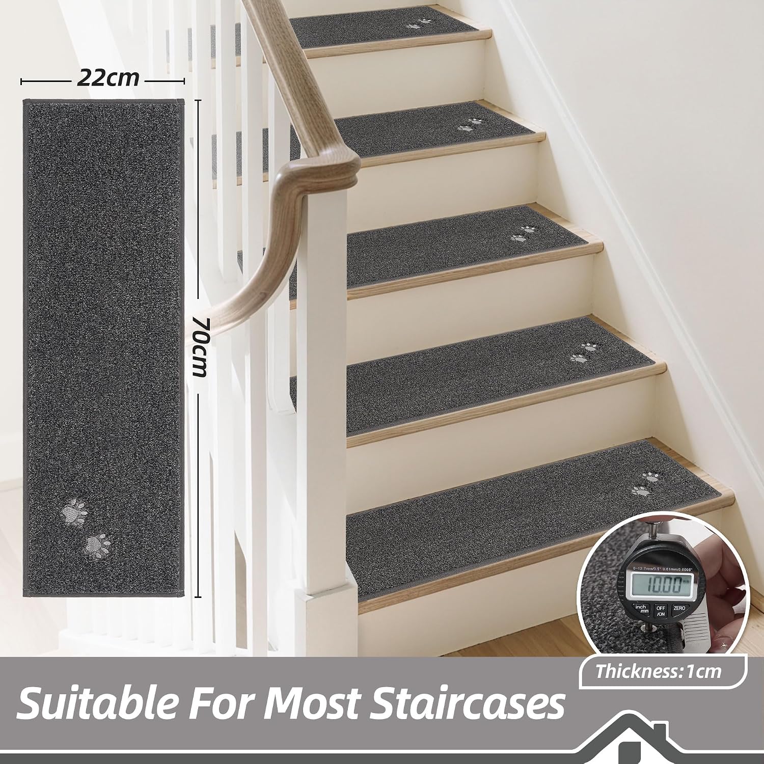 Thumbnail 1 de BEQHAUSE Stair Treads: 15 Non-Slip 22x70 cm Carpet Treads for Wood Stairs (Dark Grey), 100% Polyester