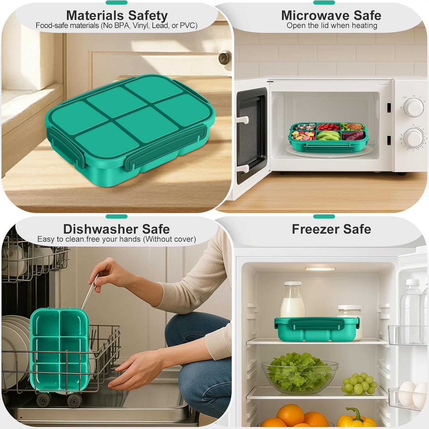 Detalle de Amathley kids bento lunch box with 6 compartments, leakproof divider design and sauce pot (green)