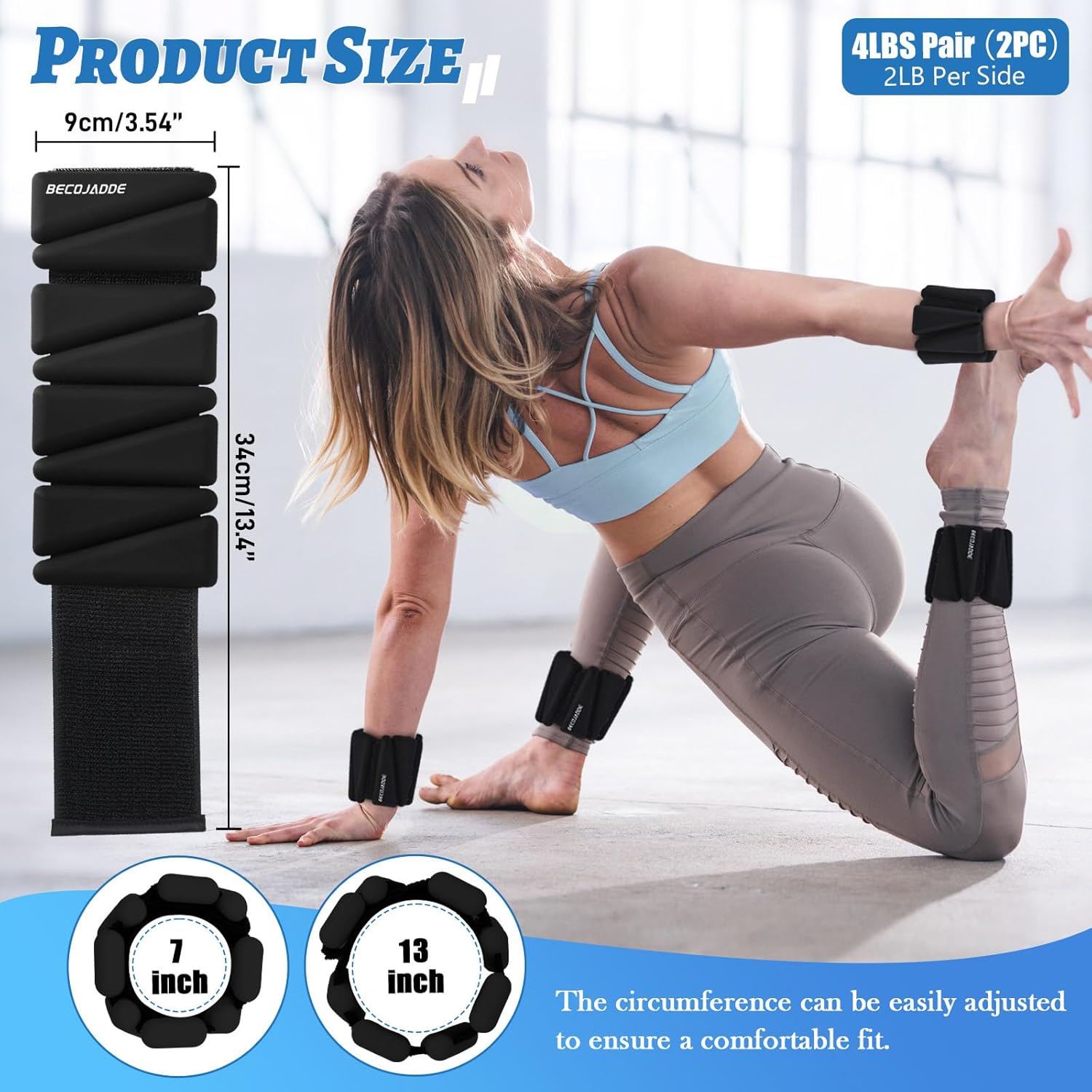Thumbnail 6 de BECOJADDE Ankle Weights Set of 2 (1 lb/2 lb/3 lb Each) — Adjustable Wrist Weights for Strength, Yoga, and Cardio