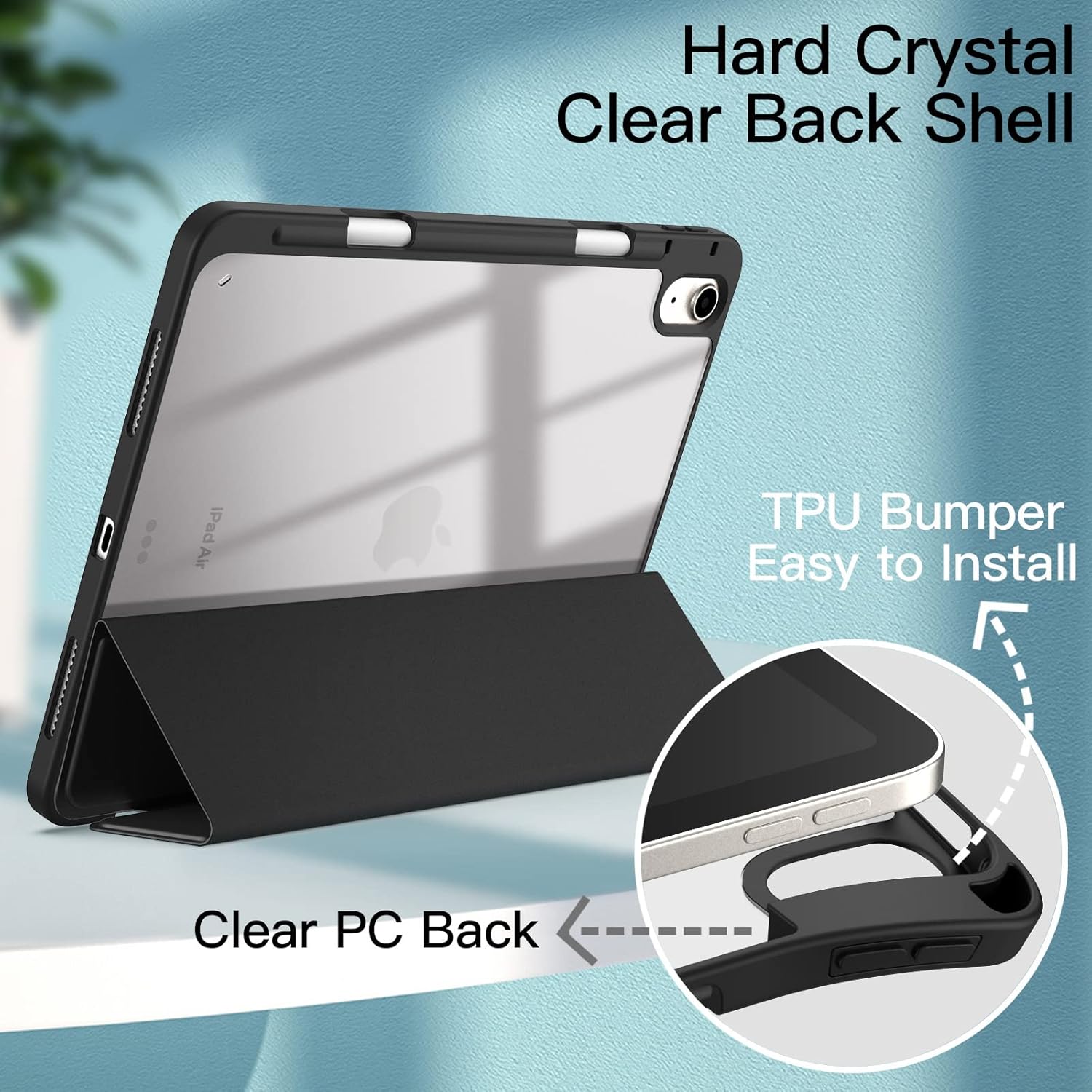 Thumbnail 2 de JETech NUR Hülle für iPad Air 11 Zoll (M4/M3/M2, 2026/2025/2024) + iPad Air 5/4 mit Stifthalter – transparente Crystal Back, Schwarz