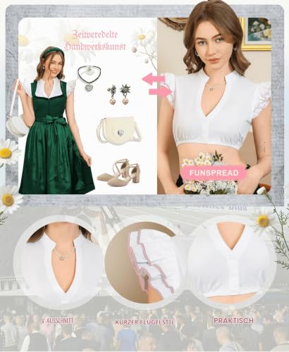 Detalle 2 de Funspread Dirndl Bluse Damen Weiß – Kurzarm, V-Ausschnitt, Flächen Rosa 38