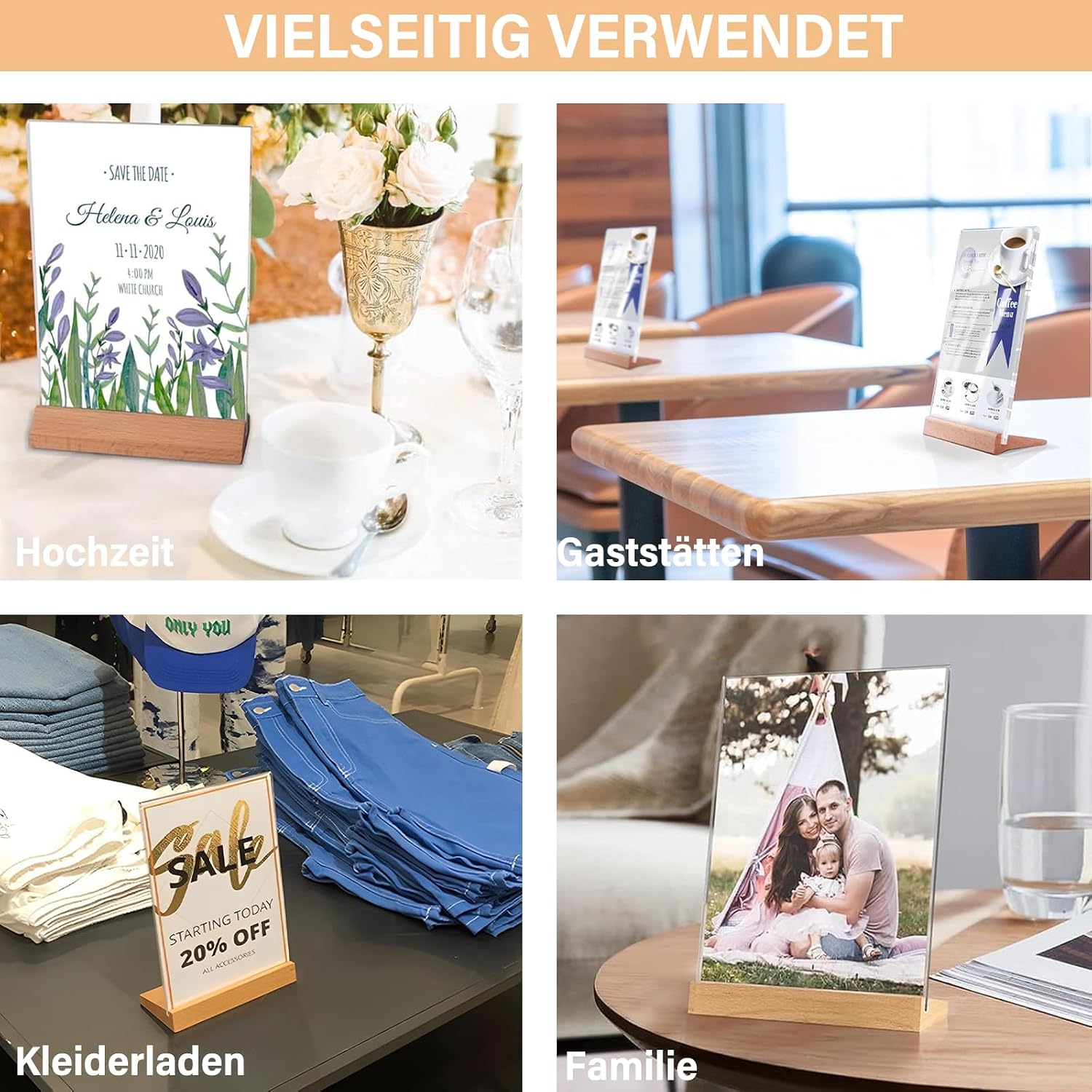 Detalle de Kisstta A6-menukaartstandaards van transparant acryl met houten voet, set van 2