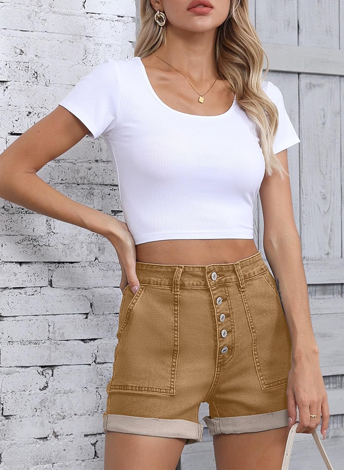Detalle de Sidefeel Women's Jean Shorts: High-Waisted Stretch Denim with Buttoned Folded Hem