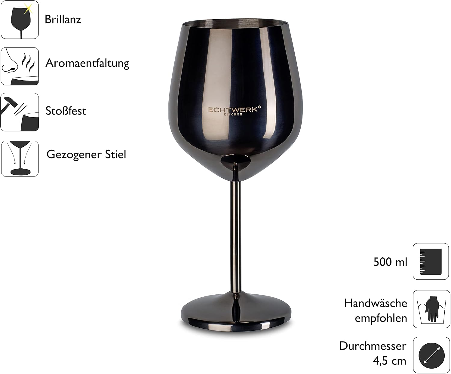 Detalle de ECHTWERK czarne kieliszki do wina ze stali nierdzewnej, 500 ml, zestaw 6 szt.