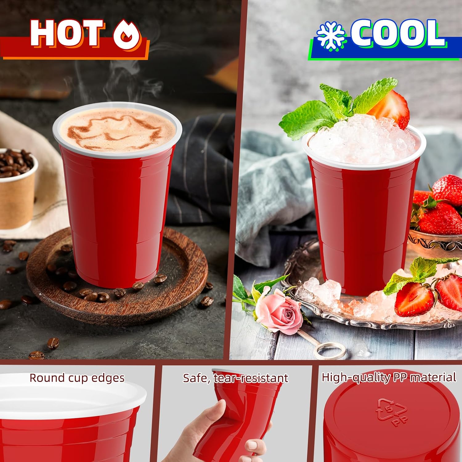 Detalle de AOLUXLM 240 Partybecher Set – 473 ml, spülmaschinenfest, Mehrweg in 4 Farben inkl. 20 Bälle